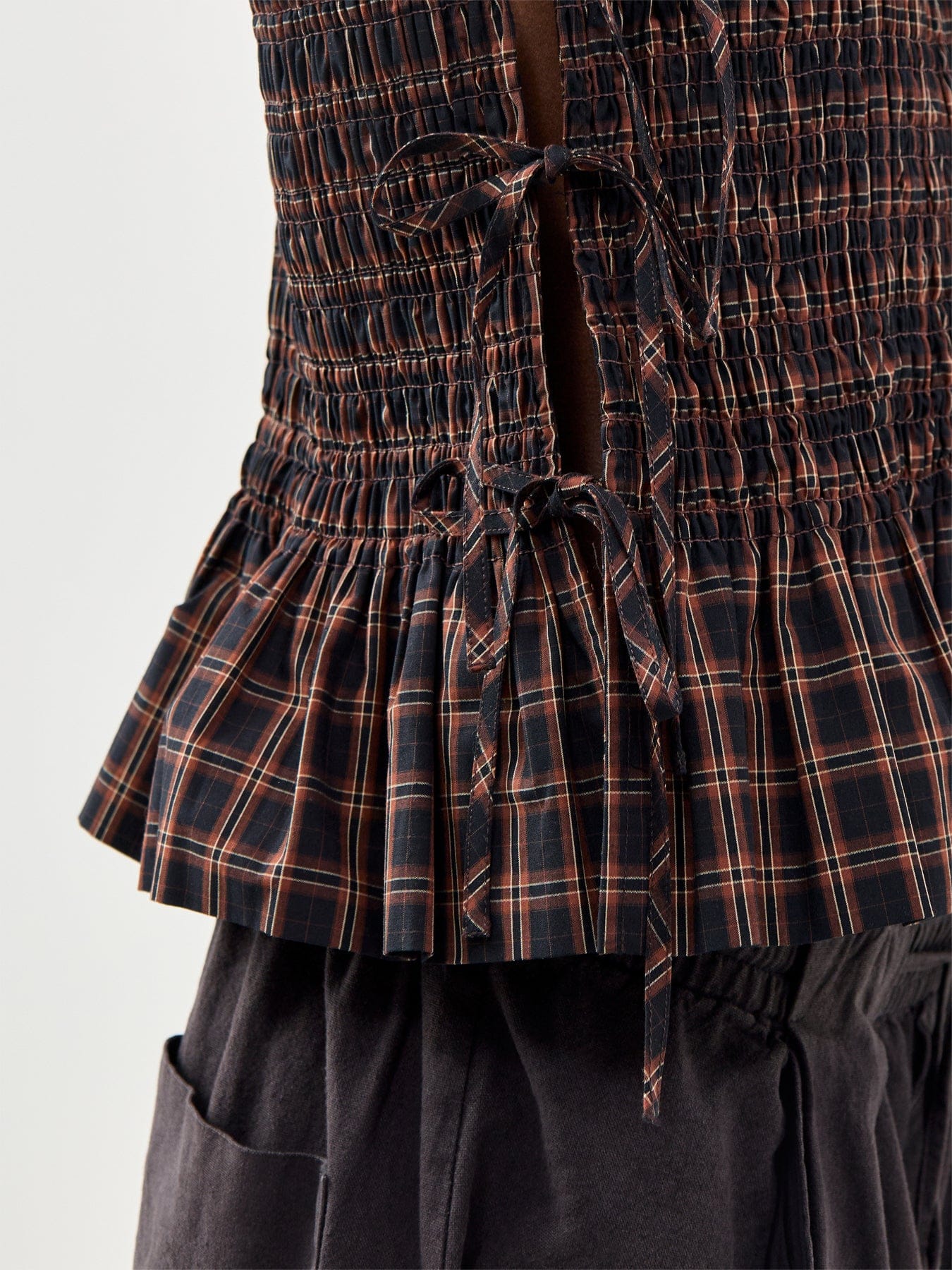 Ganni Check Smocked Tie Tank Top Brown