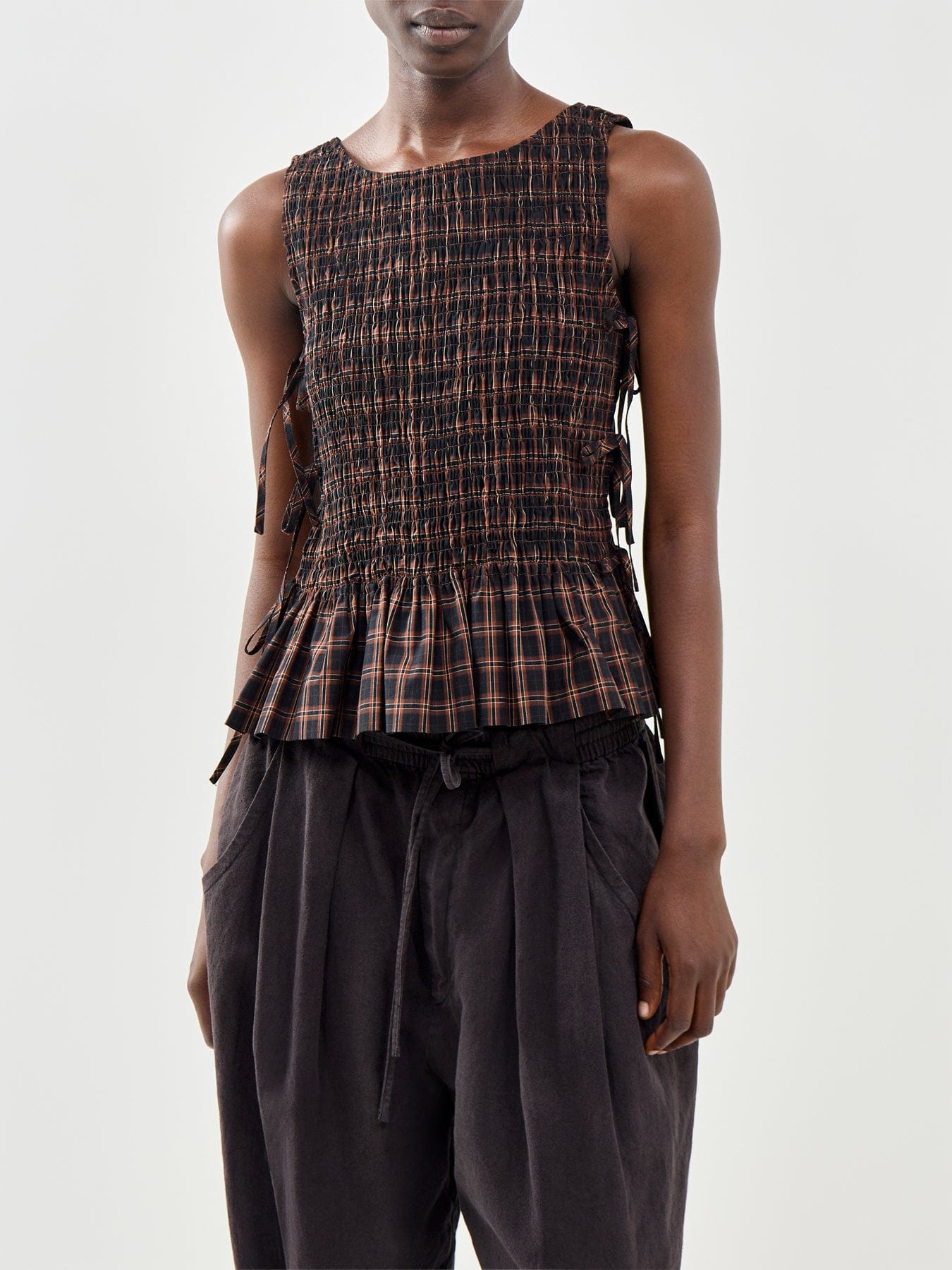 Ganni Check Smocked Tie Tank Top Brown