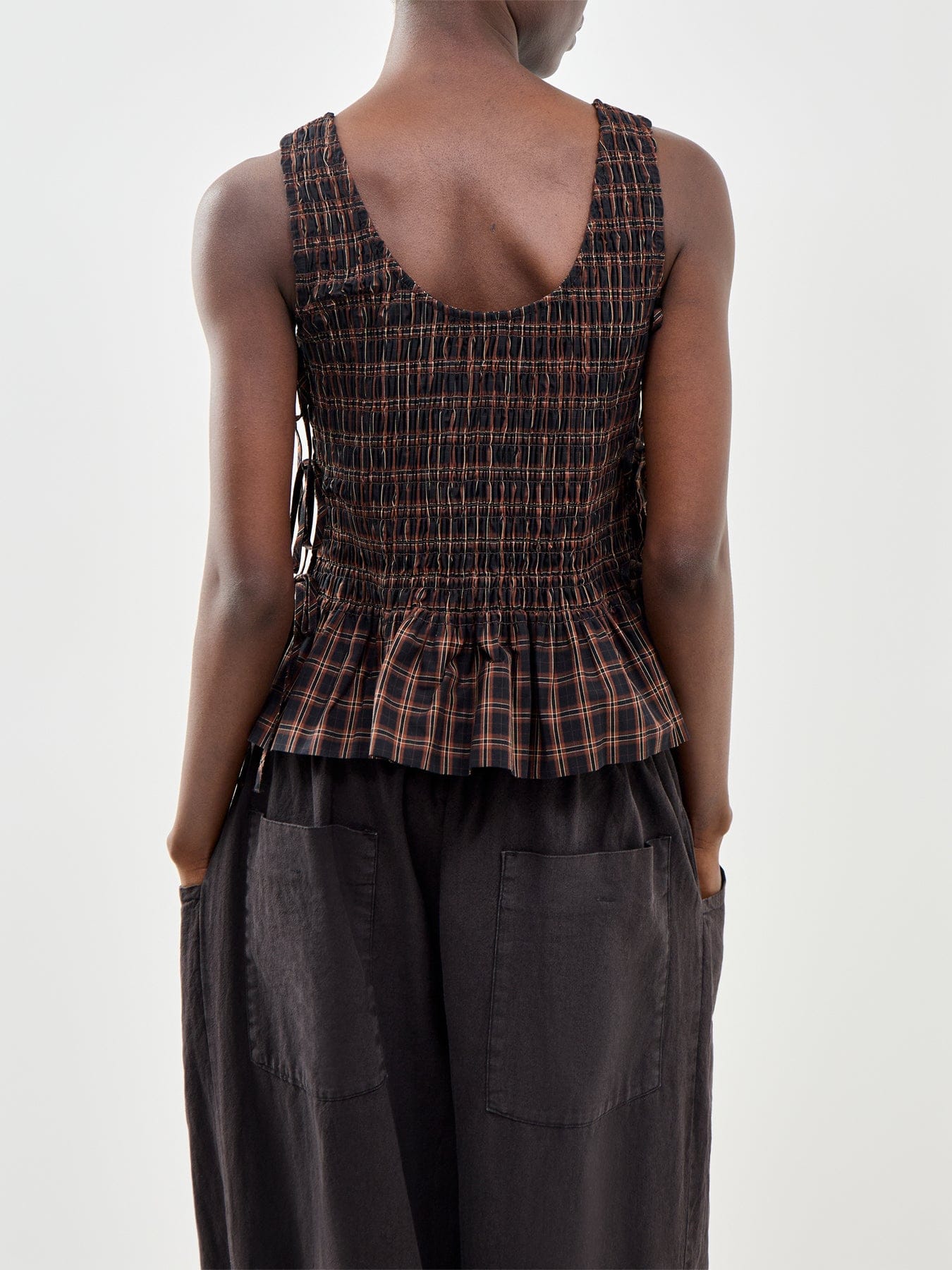 Ganni Check Smocked Tie Tank Top Brown