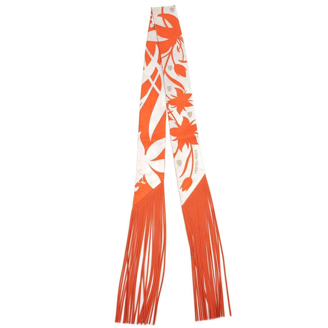 Hermès Bouquet Final Leather Fringe Twilly in Orange Blanc Silk