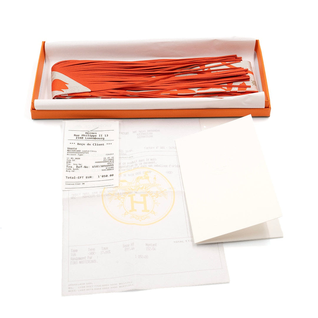 Hermès Bouquet Final Leather Fringe Twilly in Orange Blanc Silk
