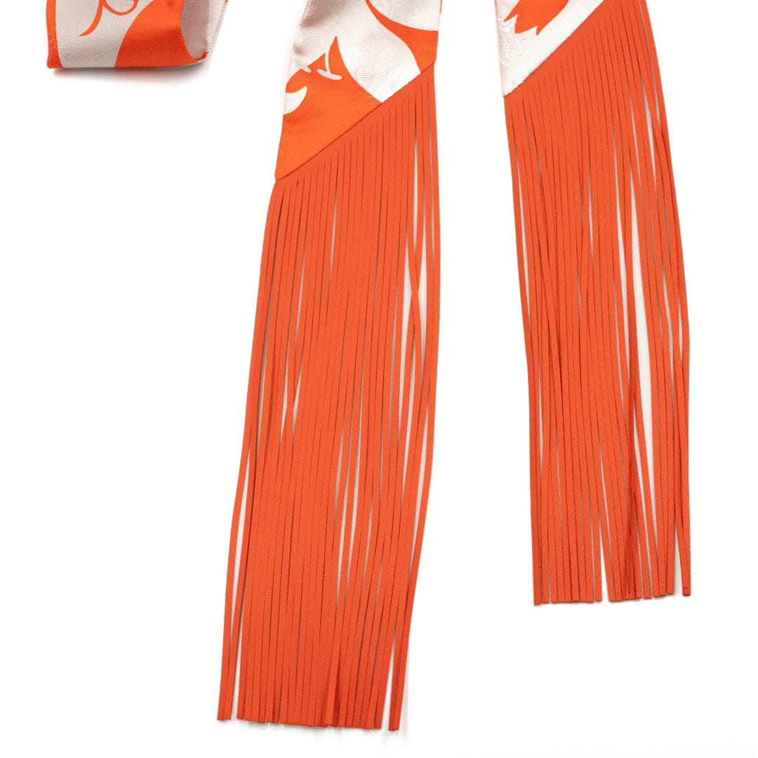 Hermès Bouquet Final Leather Fringe Twilly in Orange Blanc Silk