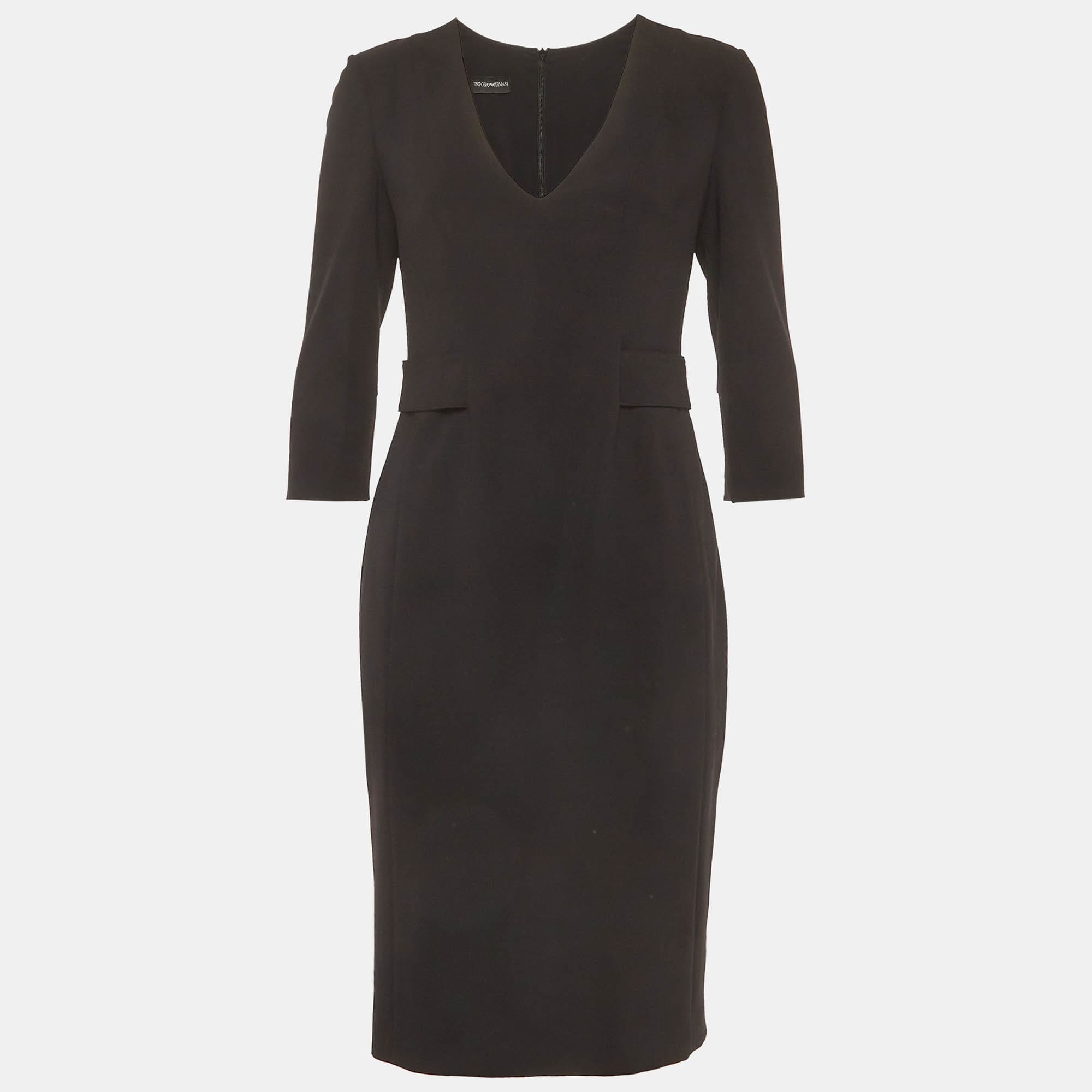 Emporio Armani Black Stretch Crepe V Neck Sheath Midi Dress