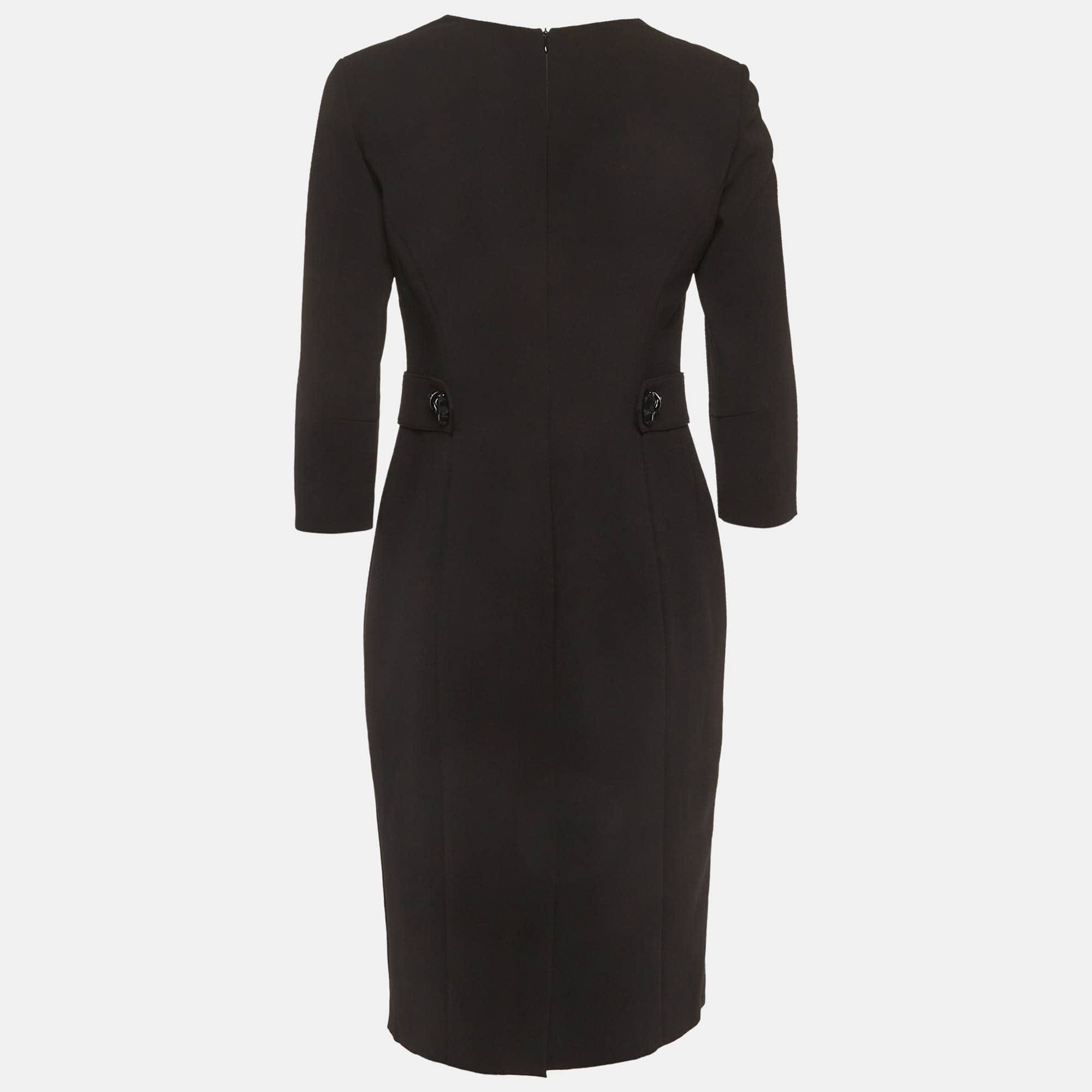 Emporio Armani Black Stretch Crepe V Neck Sheath Midi Dress
