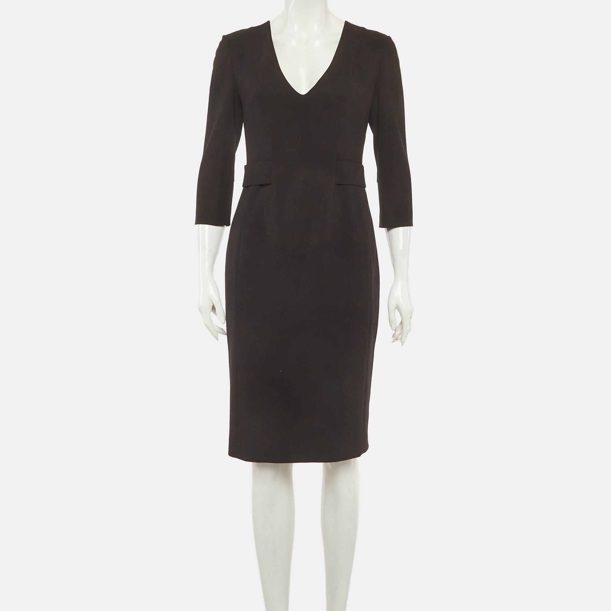 Emporio Armani Black Stretch Crepe V Neck Sheath Midi Dress