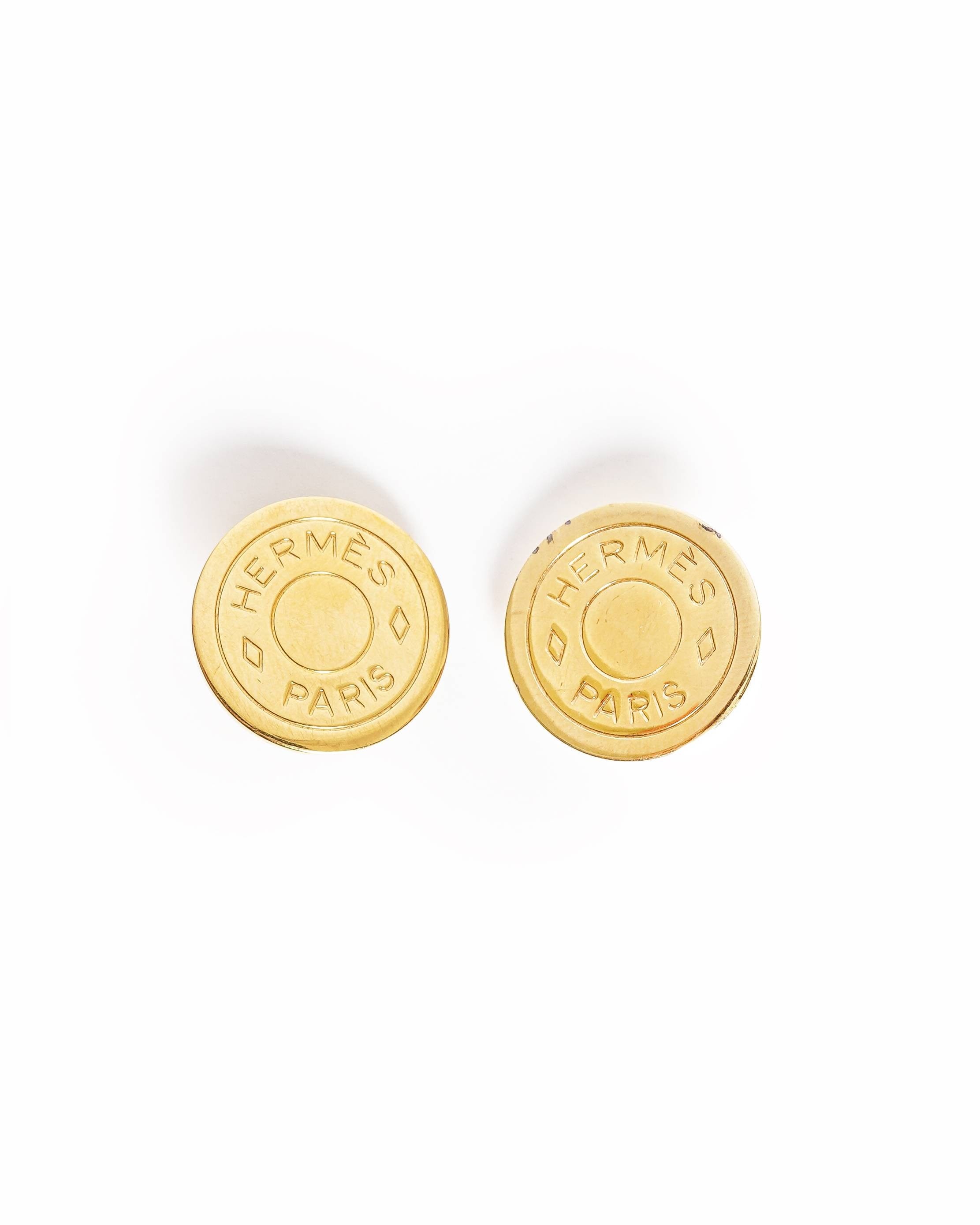 Hermès Vintage Hermès Paris Sellier Logo Button Earrings