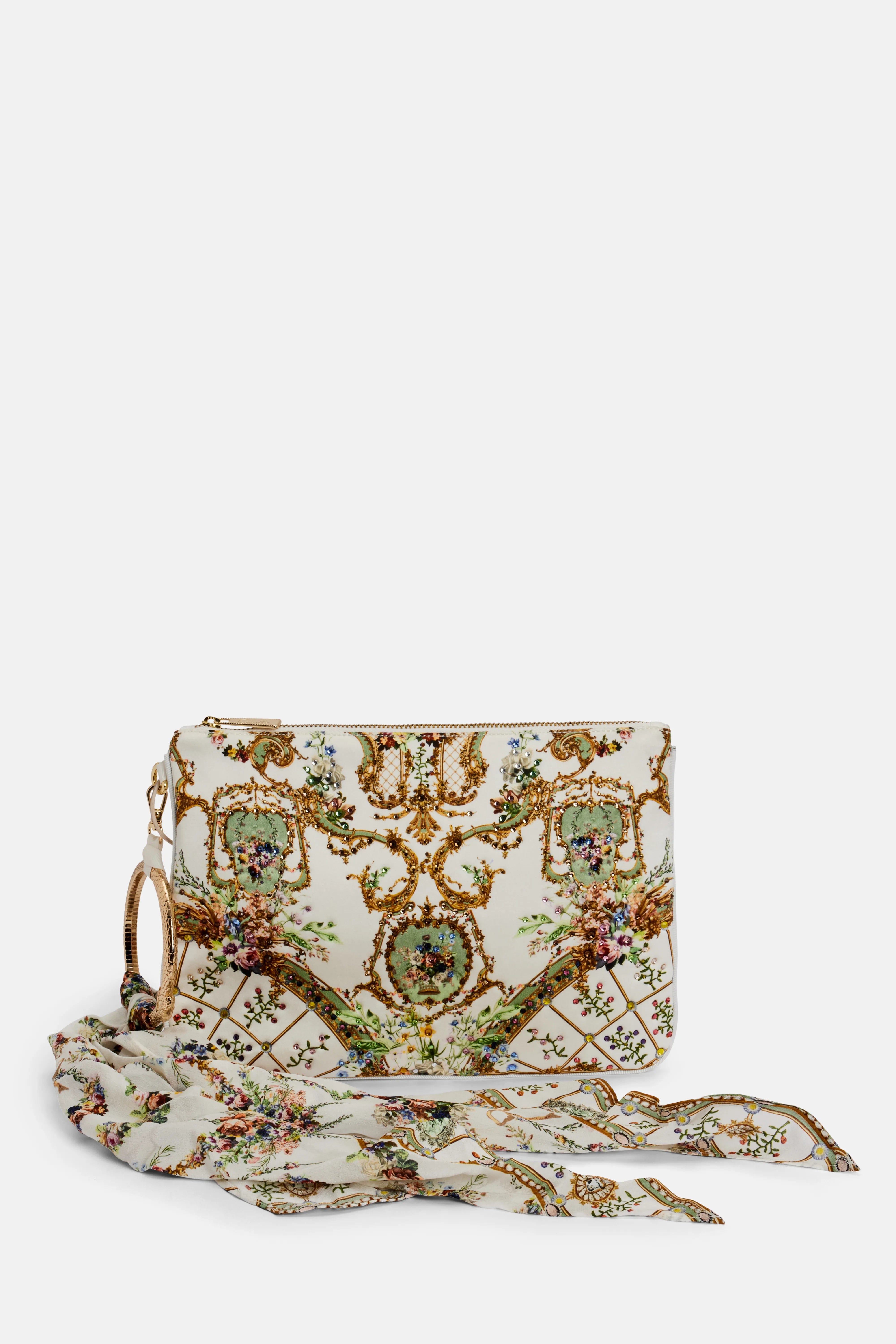 Camilla Dressing Room Drama Ring Scarf Silk Clutch Bag in White