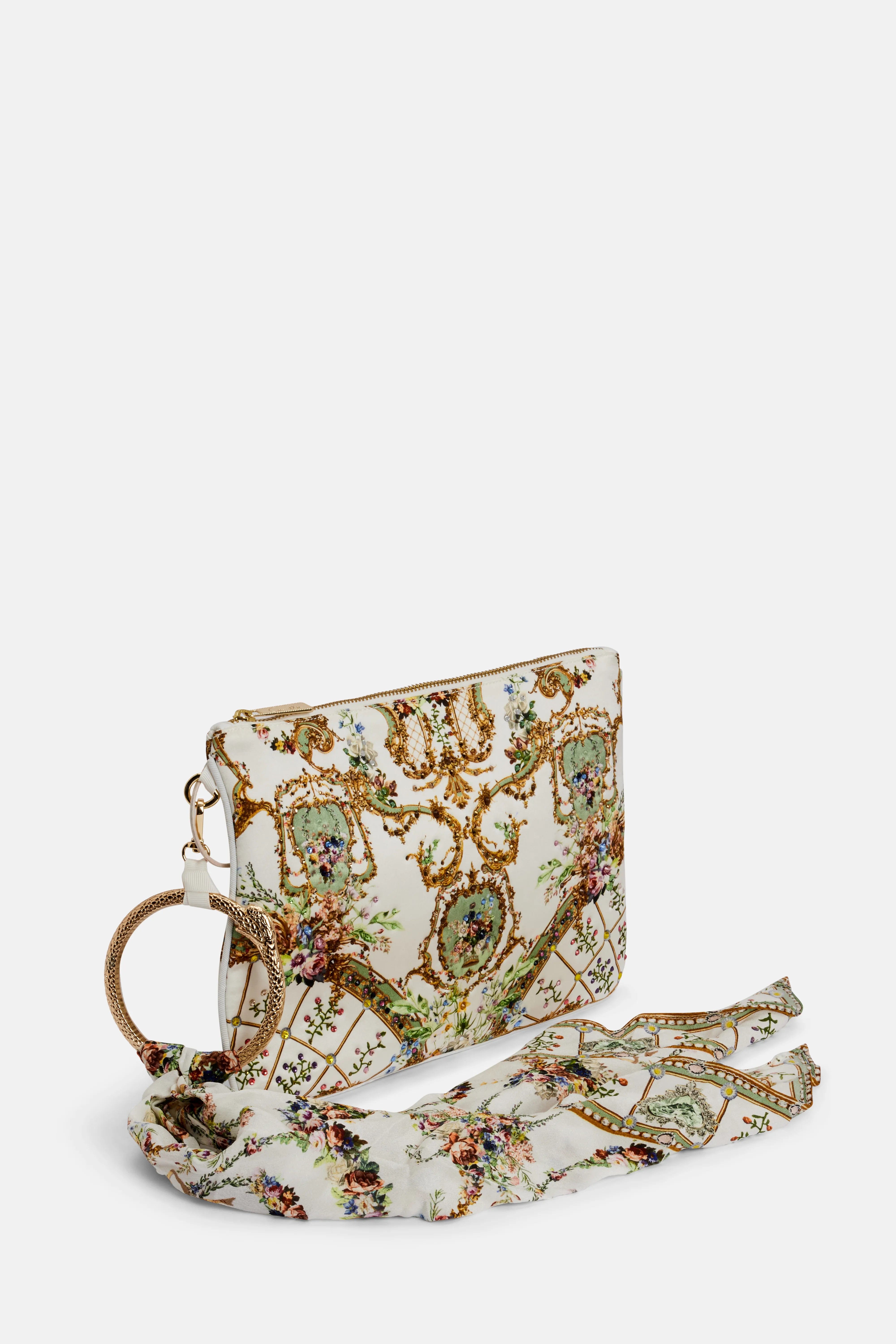 Camilla Dressing Room Drama Ring Scarf Silk Clutch Bag in White
