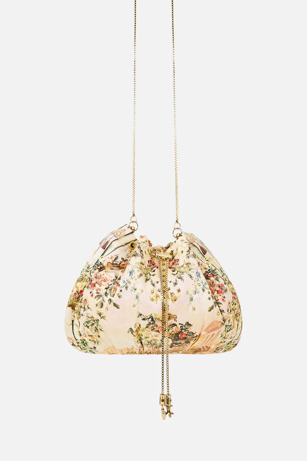 Camilla Twilight in Istanbul Drawstring Silk Pouch Bag With Chain Straps in Beige