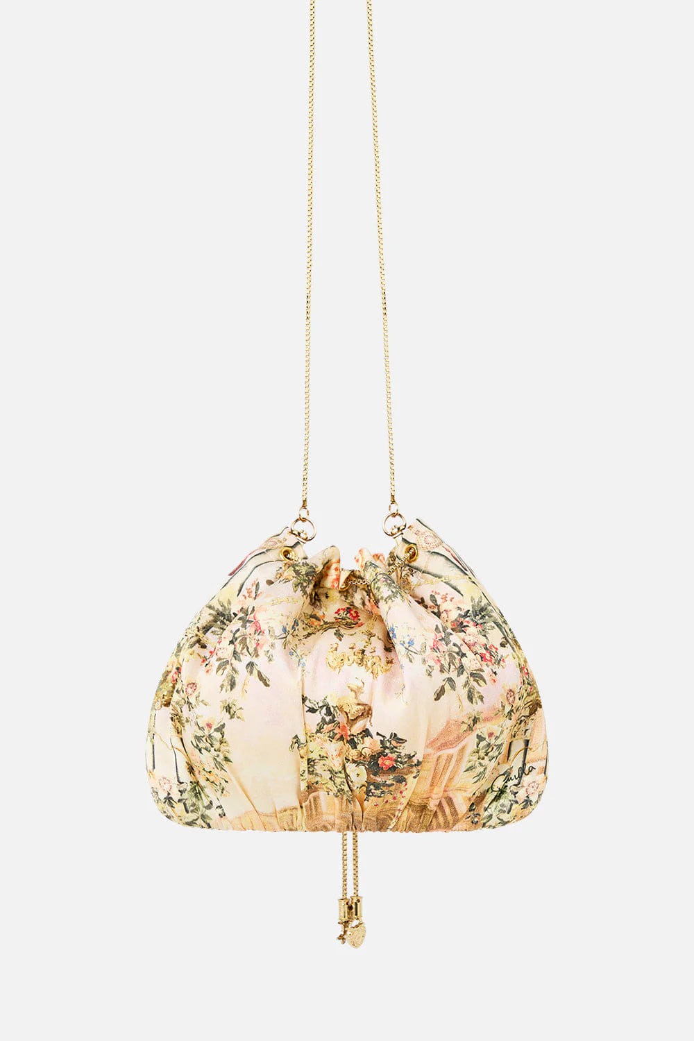 Camilla Twilight in Istanbul Drawstring Silk Pouch Bag With Chain Straps in Beige
