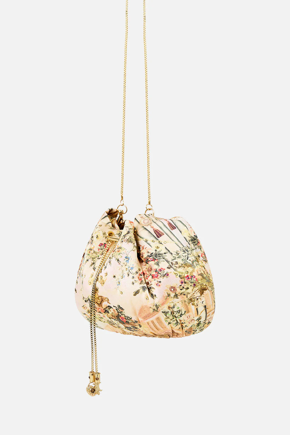 Camilla Twilight in Istanbul Drawstring Silk Pouch Bag With Chain Straps in Beige