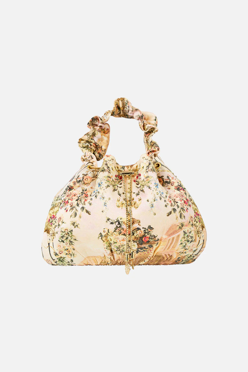Camilla Twilight in Istanbul Drawstring Silk Pouch Bag With Chain Straps in Beige