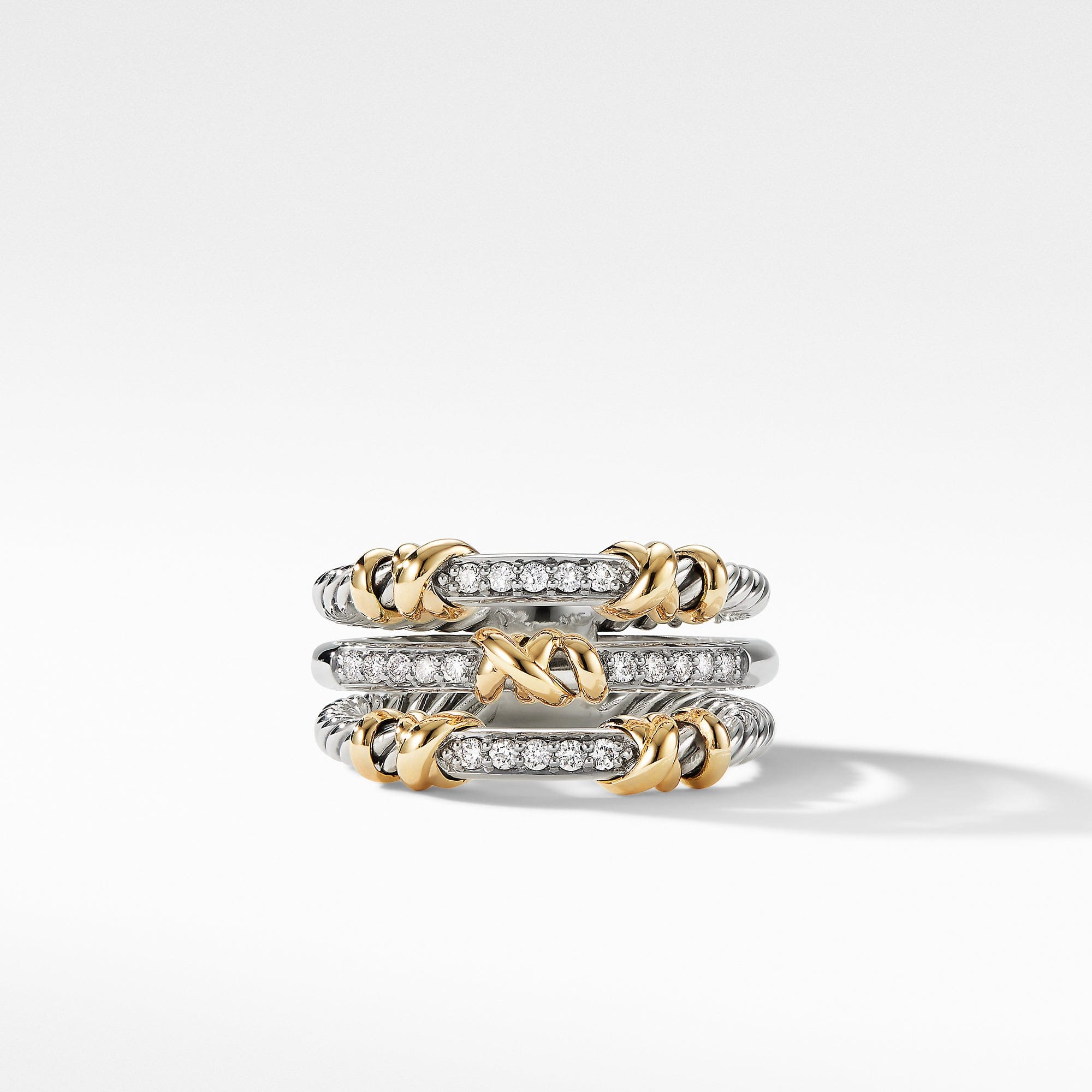 David Yurman Petite Helena Three Row Ring in Sterling Silver and 18K Yellow Gold with Diamonds, Size 7