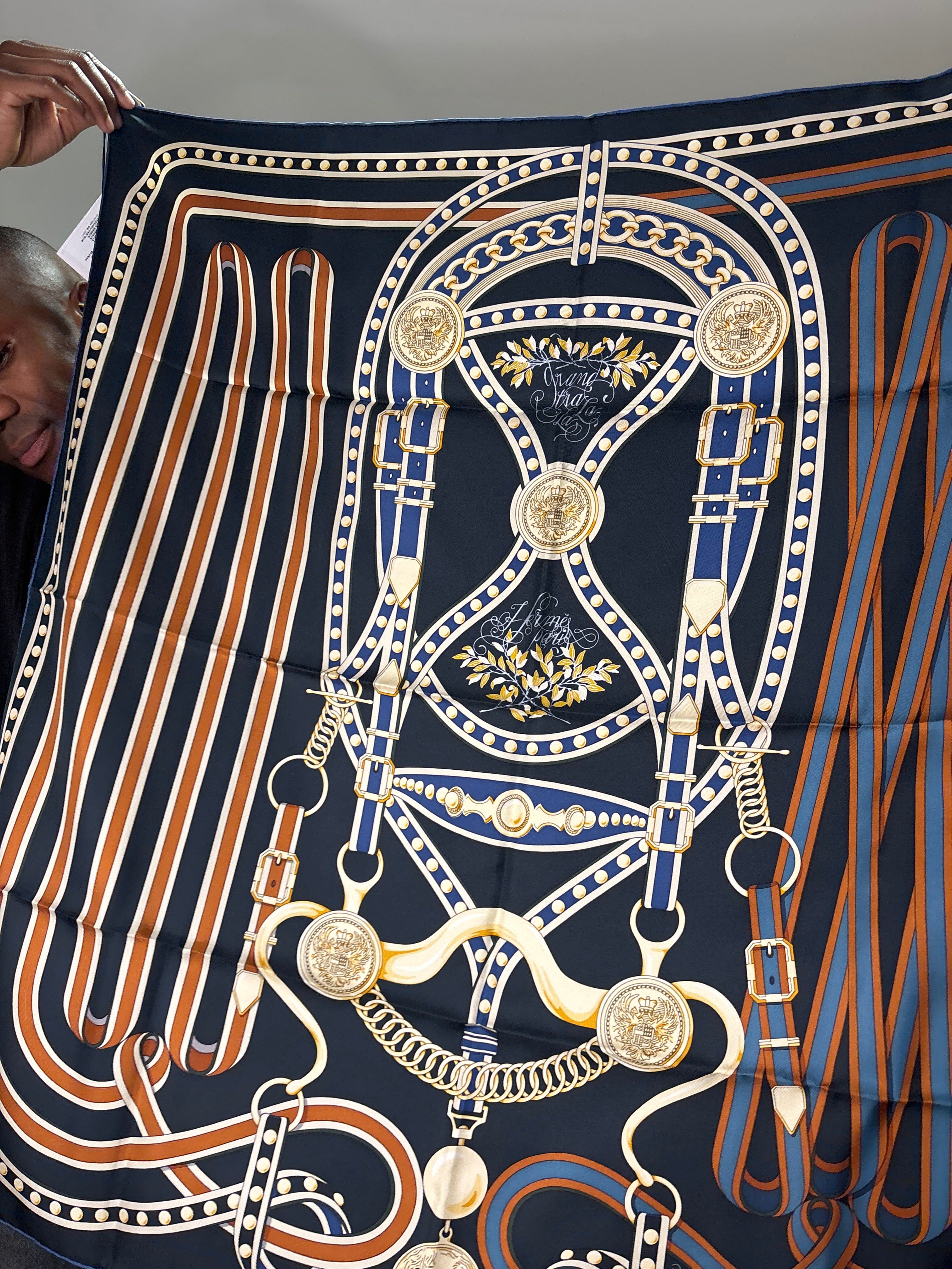 Hermès Silk 45 - 58 – Geometric Medallions in Emerald, Blue, and Tangerine ALC3479