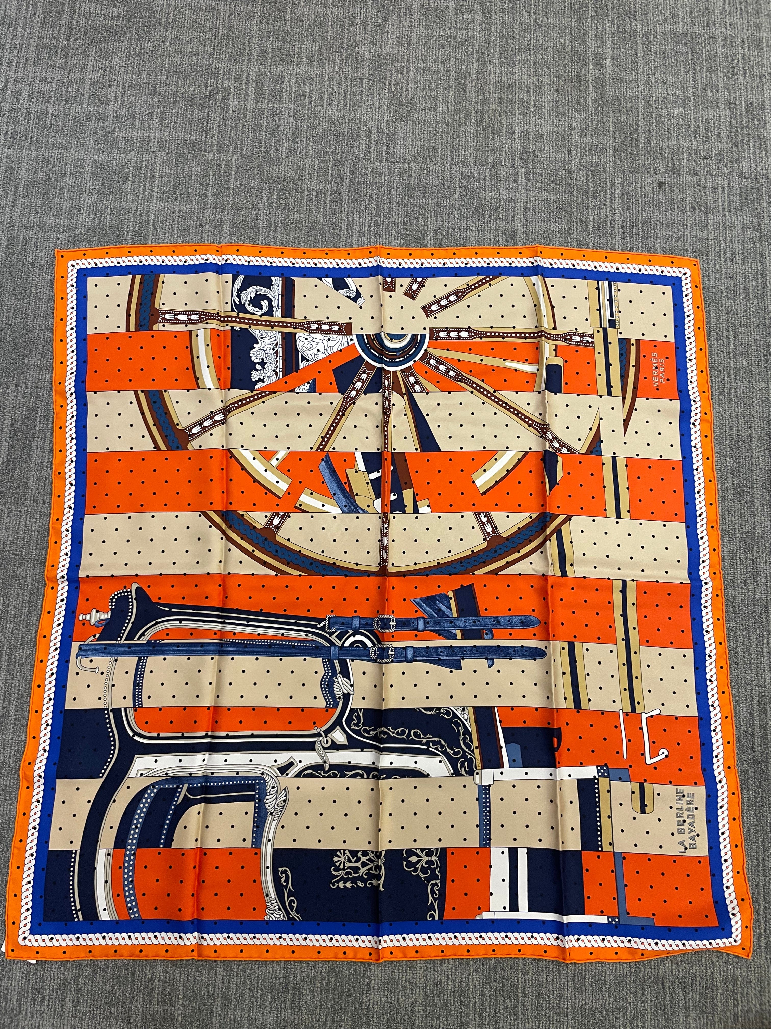 Hermès Silk 90 - 5 – Abstract Wheel Pattern in Orange, Navy, and Cream ALC3486