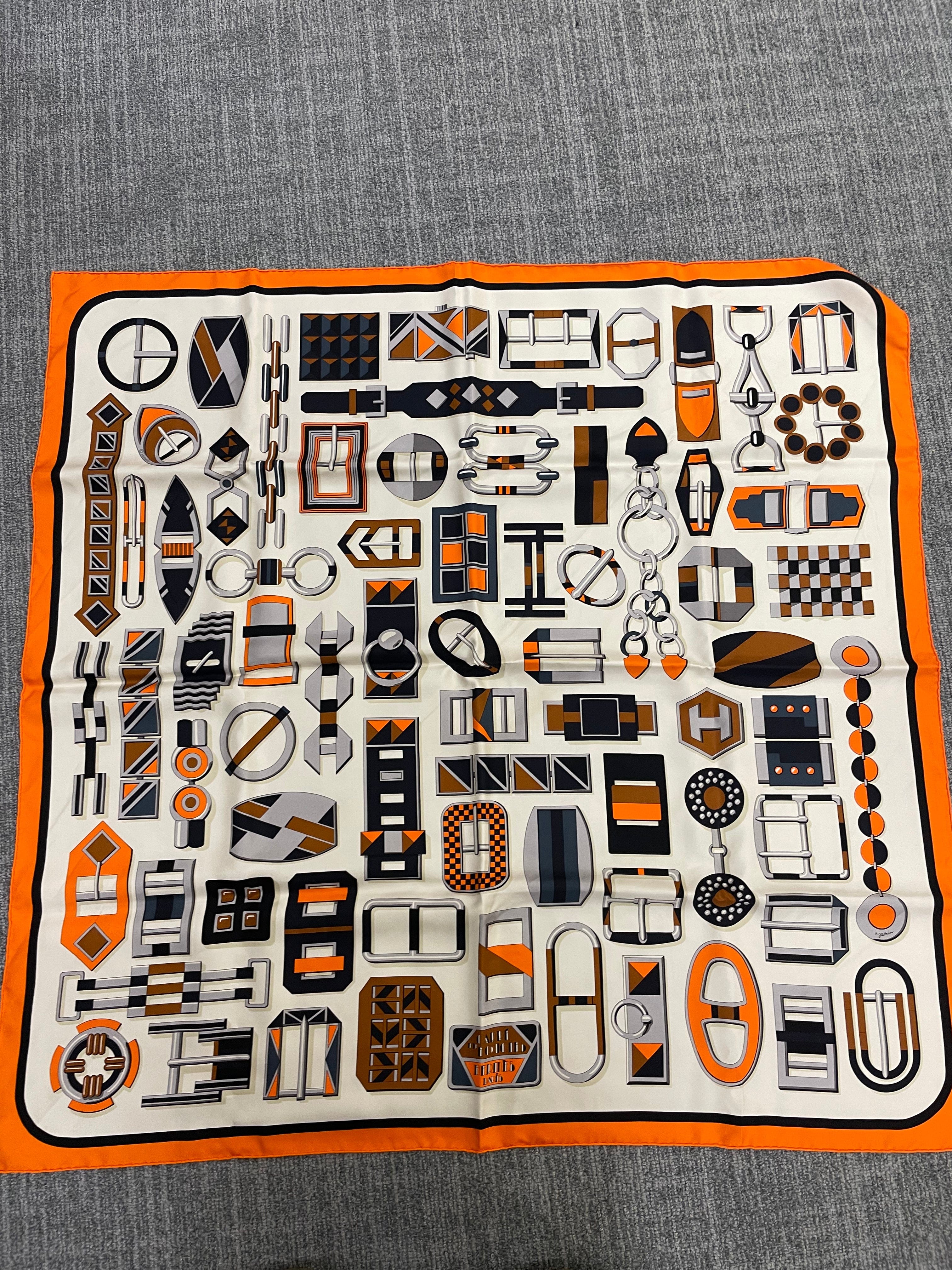 Hermès Silk 90 - 15 – Equestrian Tools Collage in Ivory, Navy, and Orange ALC3496