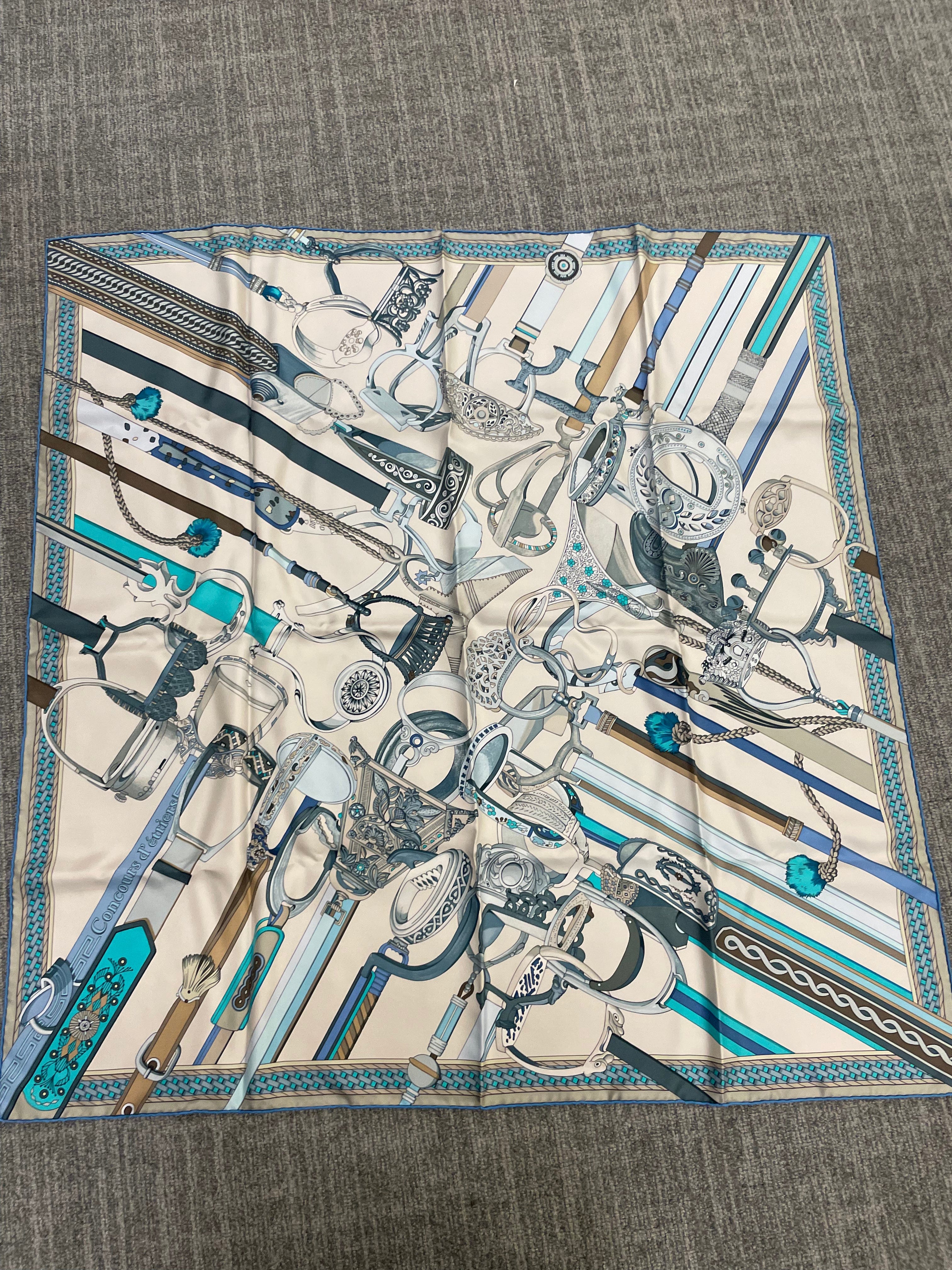 Hermès Silk 90 - 21 – Refined Bridles and Bits in Navy, Silver, and Sandstone ALC3502