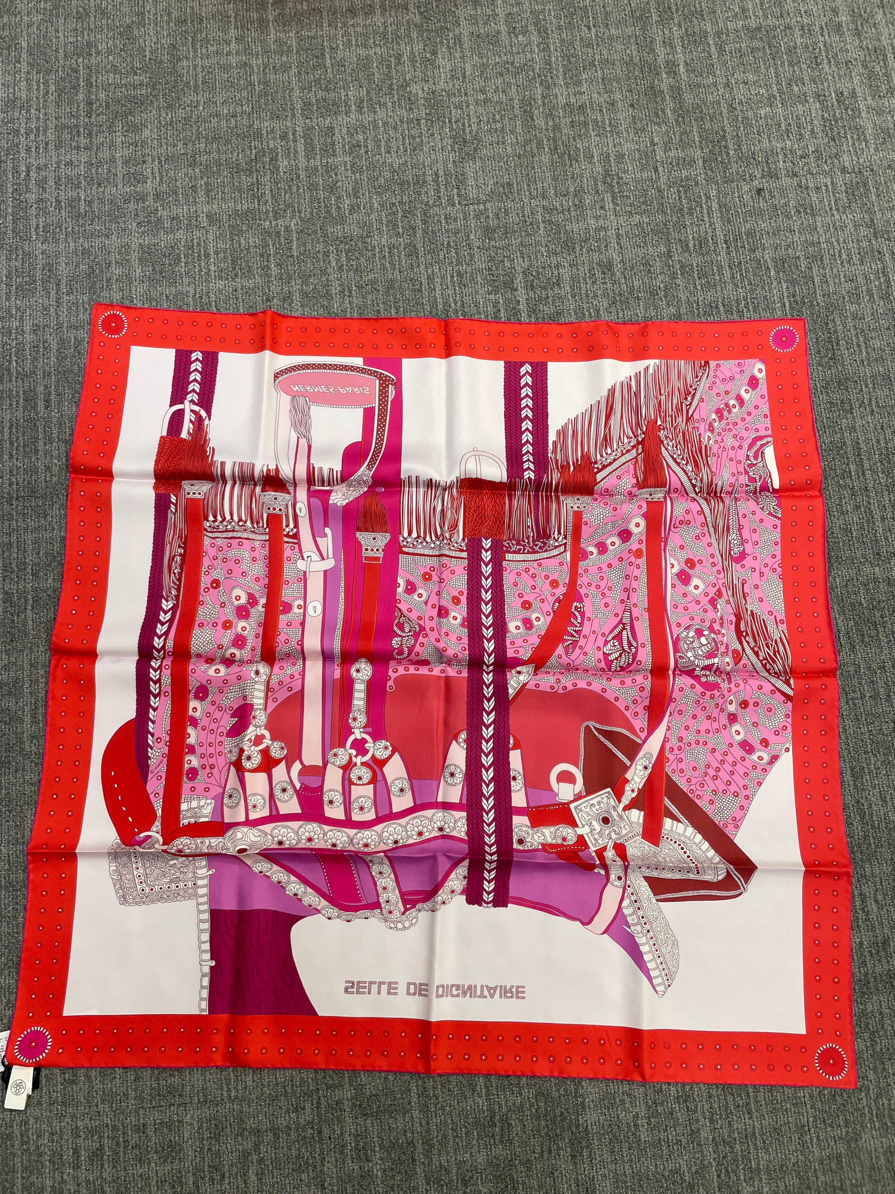 Hermès Silk 90 - 30 – Garden Tools Motif in Pink, Red, and Ivory ALC3511