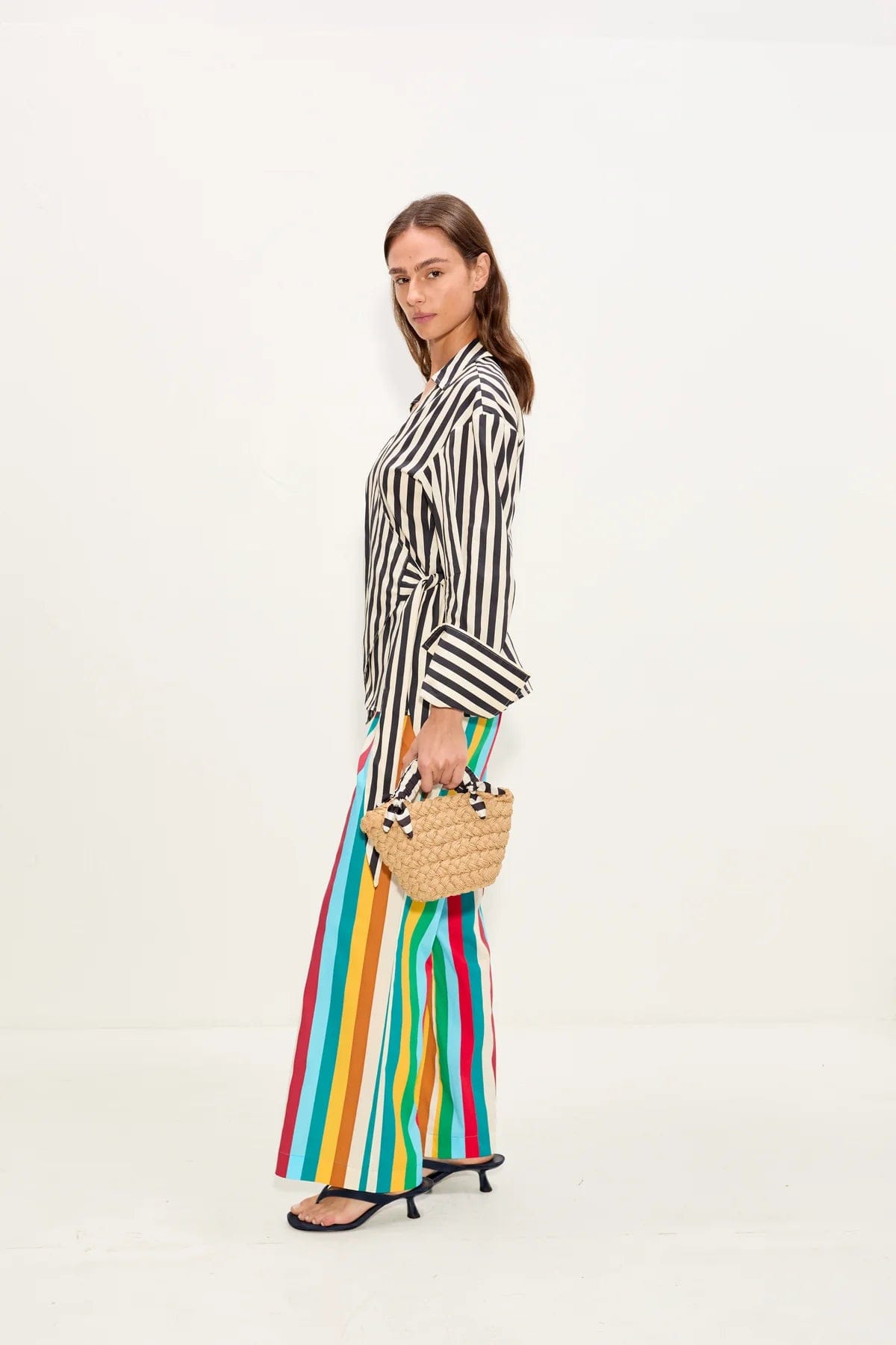 SIMON Miller Inna Sleeveless Poplin Striped Button Up Cotton Top in Black