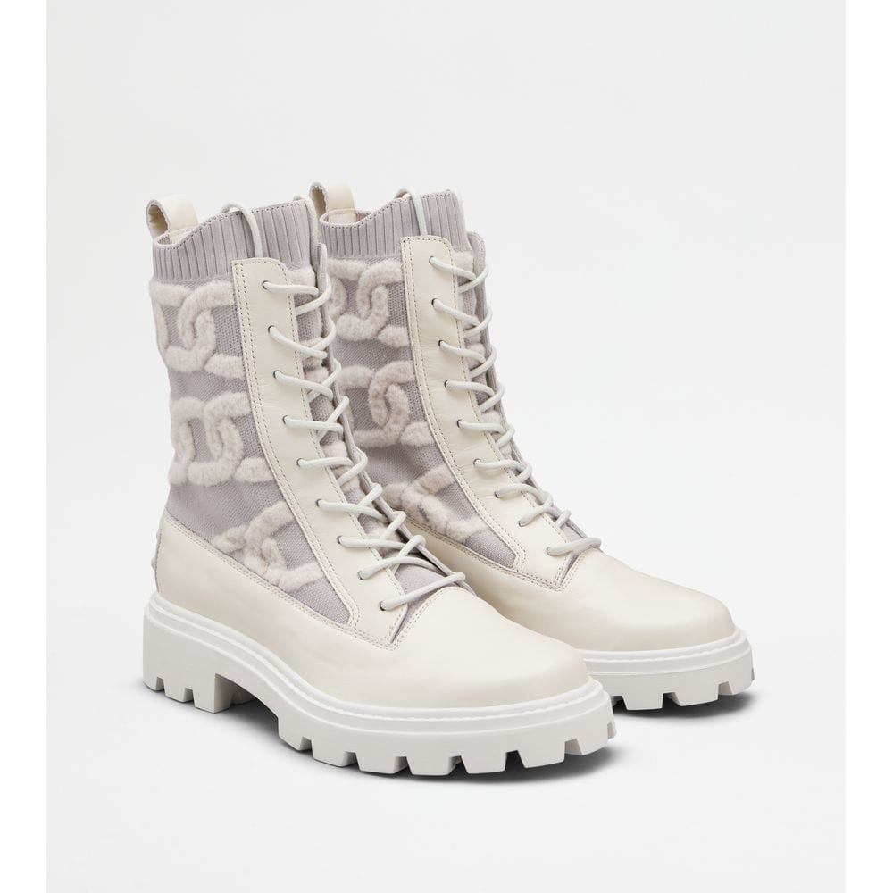 Tod's Tods Kate Combat Boots In Fabric And Leather White Womens