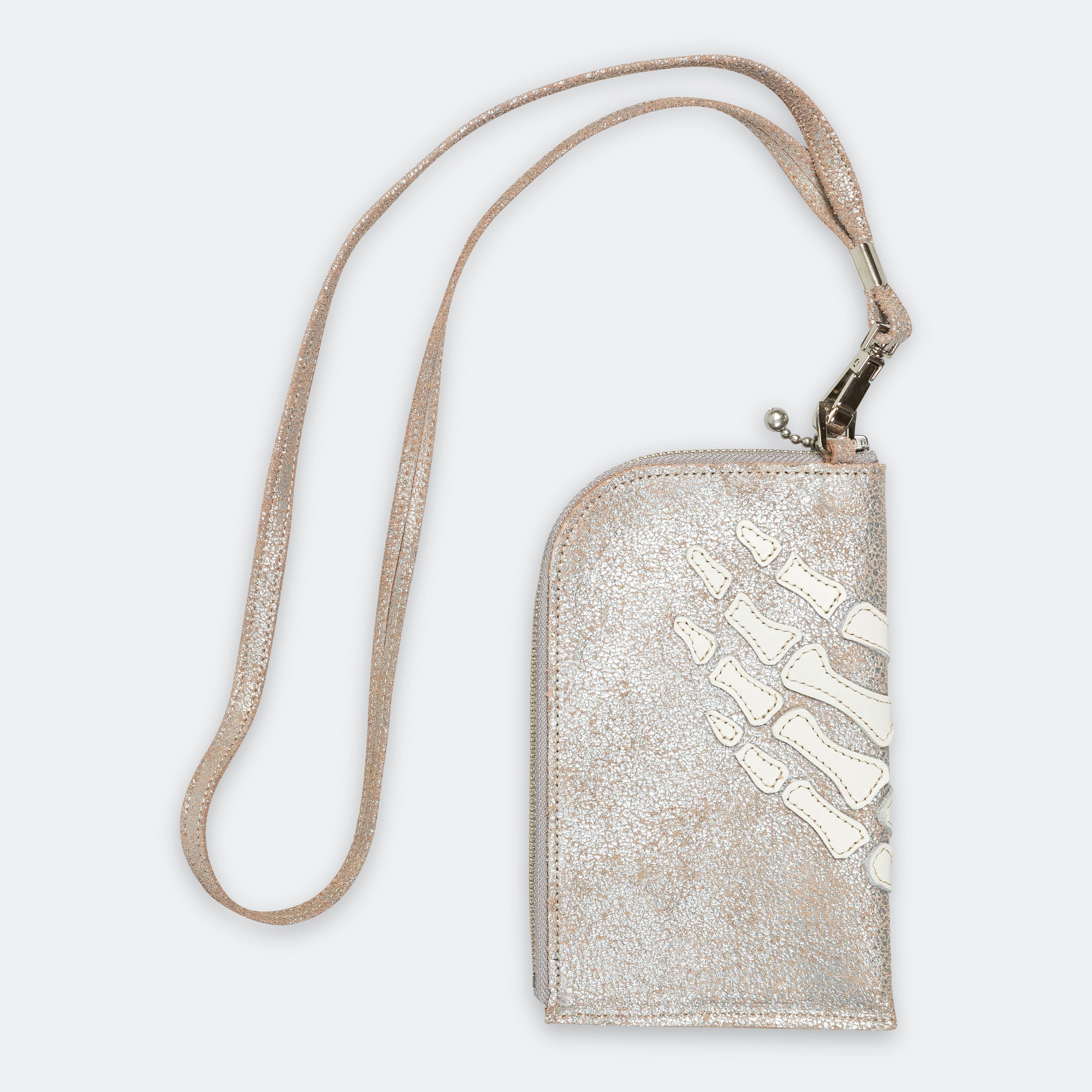 Kapital Crack Leather THUMBS - UP BONE HAND ZIP Neck Pouch - Silver