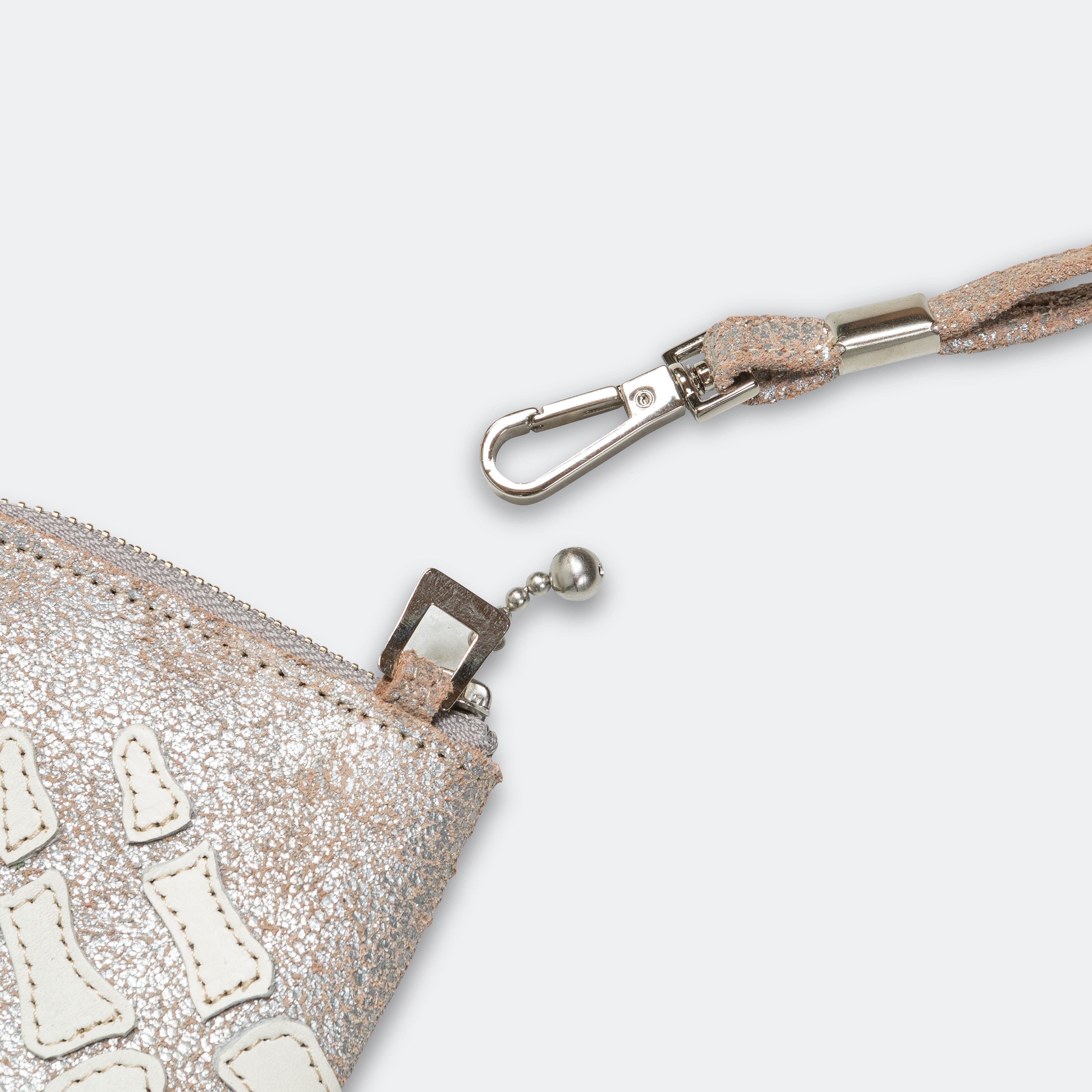 Kapital Crack Leather THUMBS - UP BONE HAND ZIP Neck Pouch - Silver