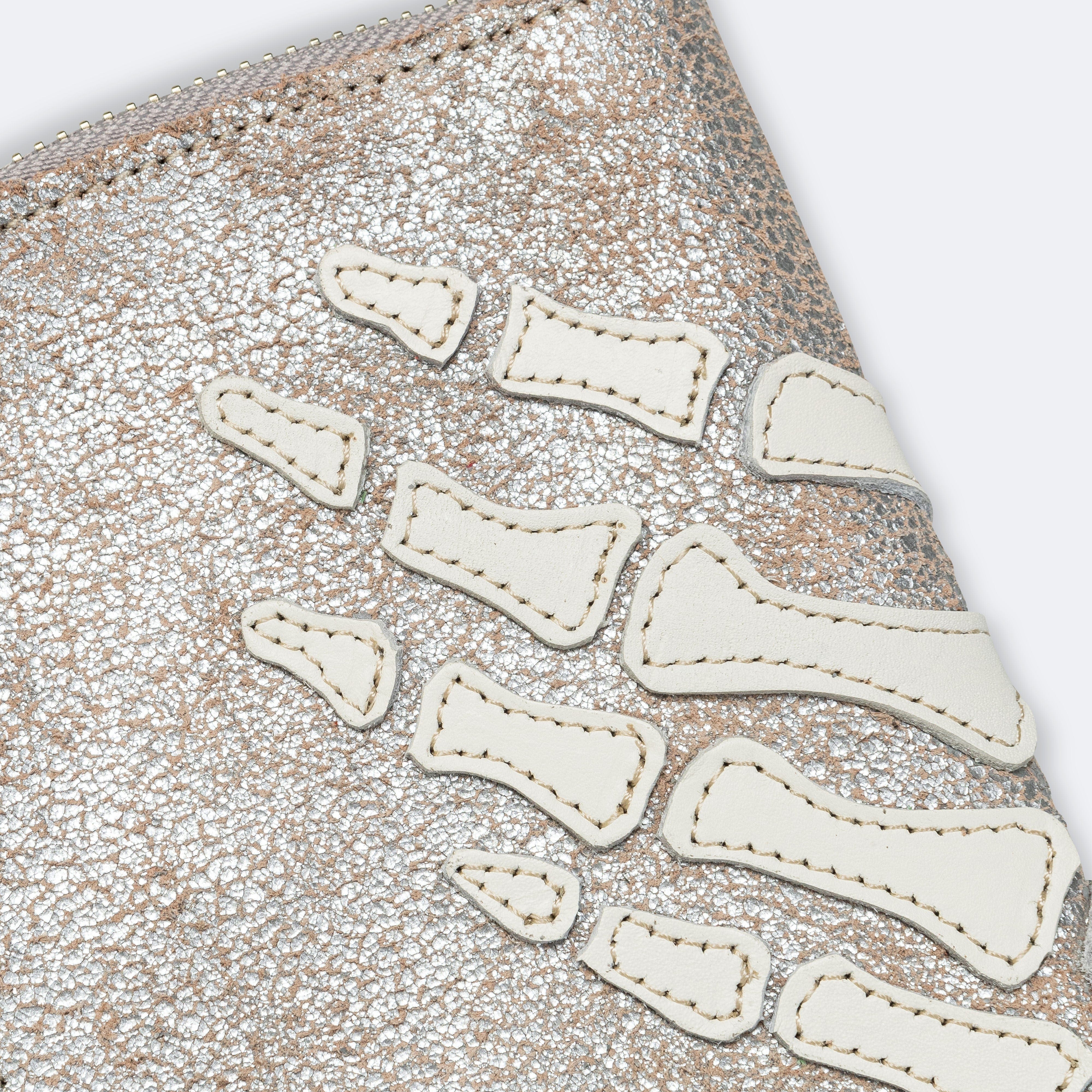 Kapital Crack Leather THUMBS - UP BONE HAND ZIP Neck Pouch - Silver