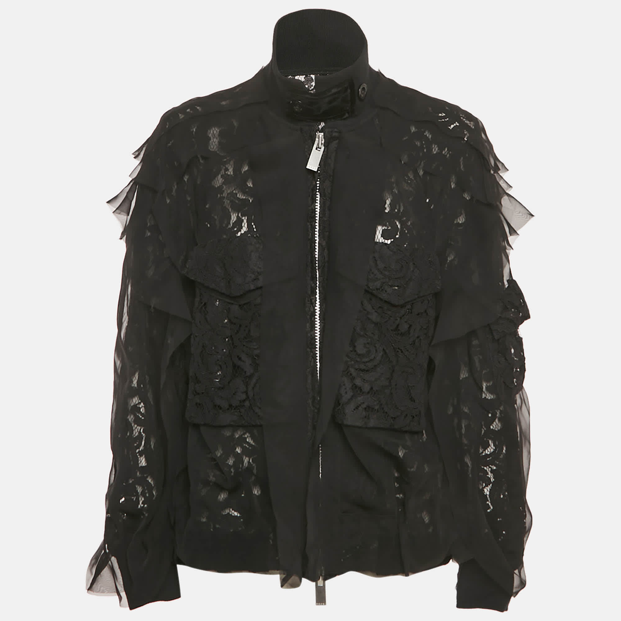 Sacai Black Lace Ruffle Detail Zip Up Jacket