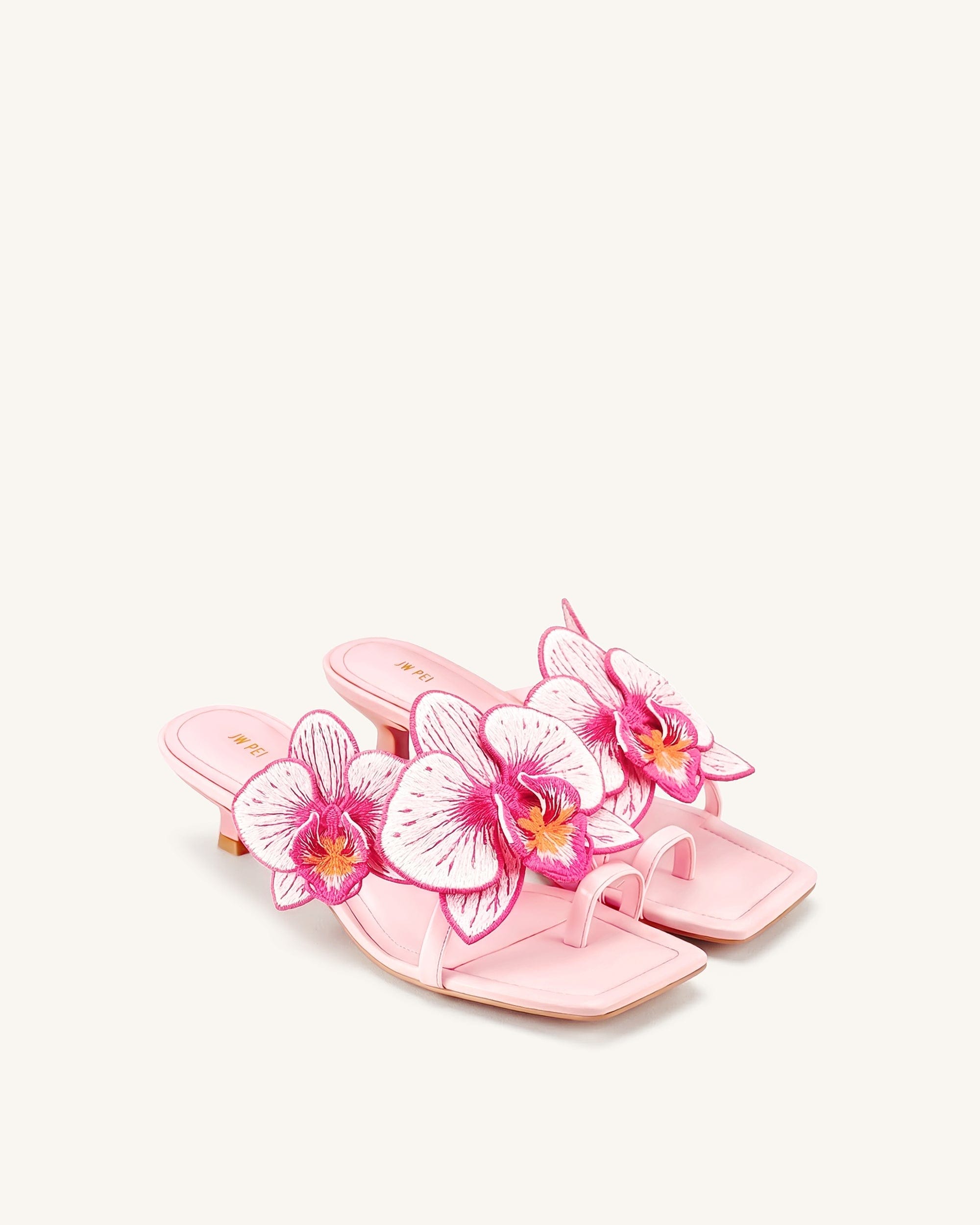 Jw Pei Serena Orchid Embroidered Toe Ring Heeled Sandals Baby Pink