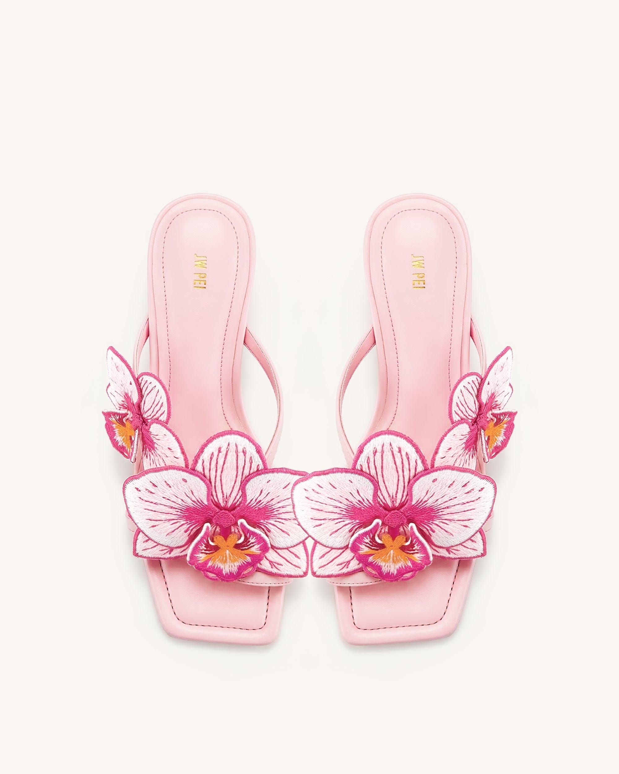 Jw Pei Serena Orchid Embroidered Toe Ring Heeled Sandals Baby Pink