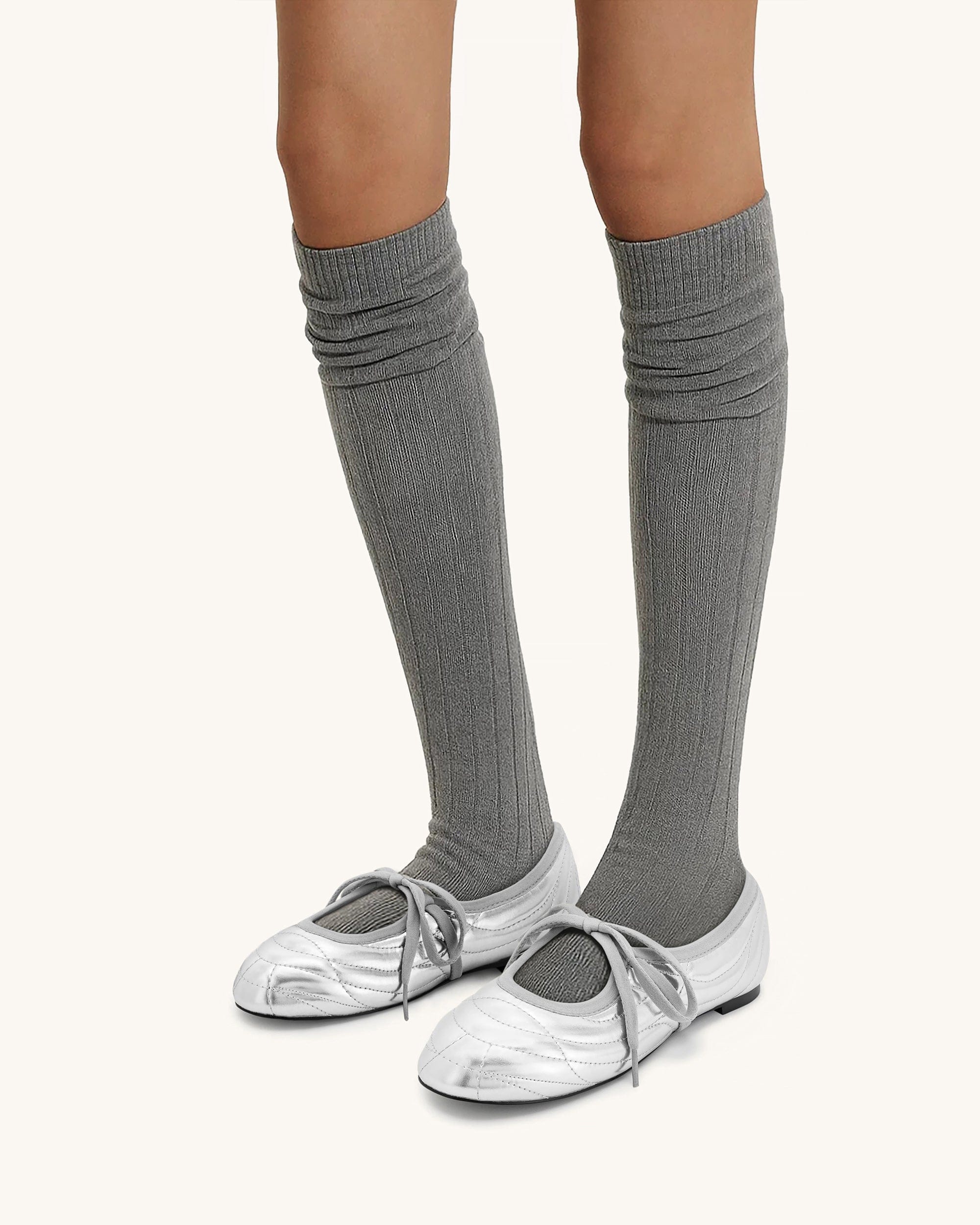 Jw Pei Erika Topstitching Lace Up Ballet Flats Silver