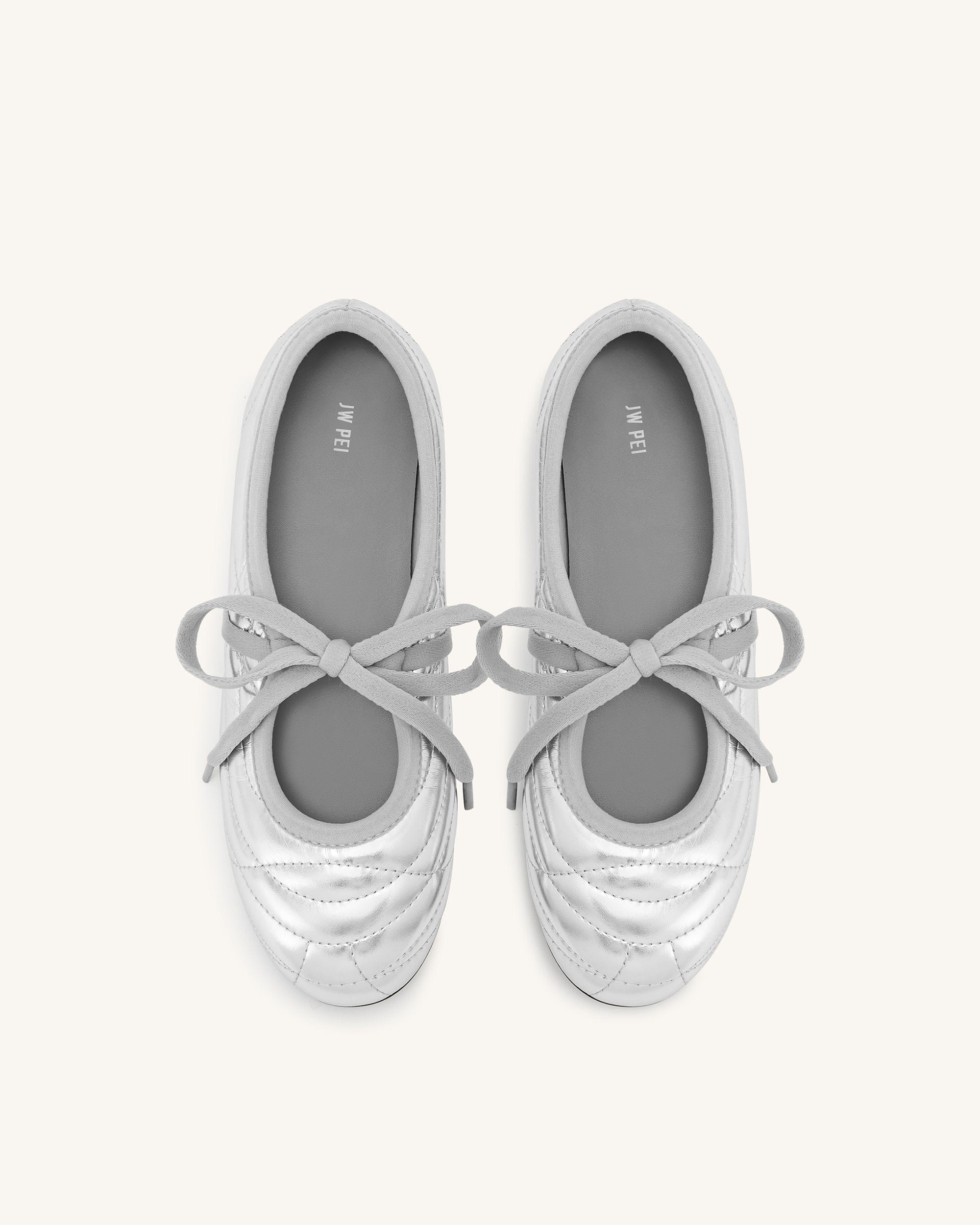 Jw Pei Erika Topstitching Lace Up Ballet Flats Silver