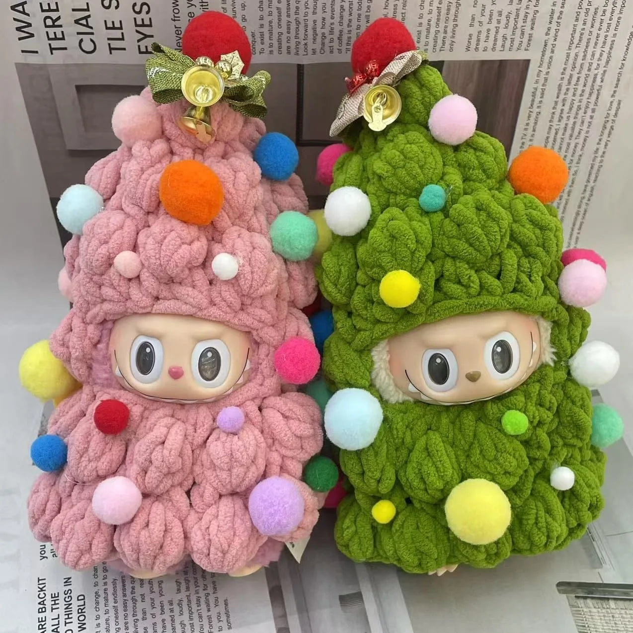 Handmade Crochet Labubu Christmas Tree Outfit – Pink & Green Knitted Clothes for 17 cm Doll