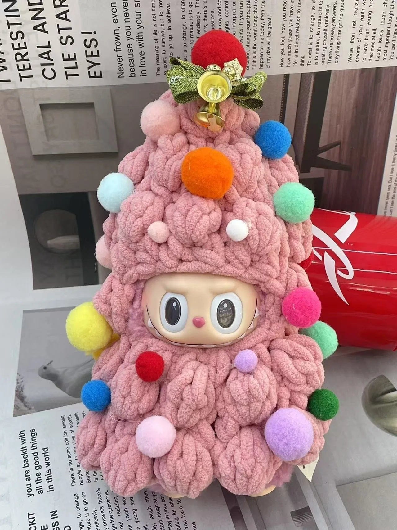 Handmade Crochet Labubu Christmas Tree Outfit – Pink & Green Knitted Clothes for 17 cm Doll
