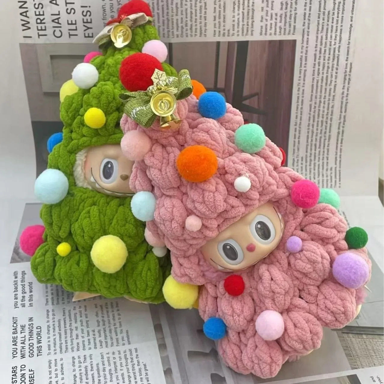 Handmade Crochet Labubu Christmas Tree Outfit – Pink & Green Knitted Clothes for 17 cm Doll