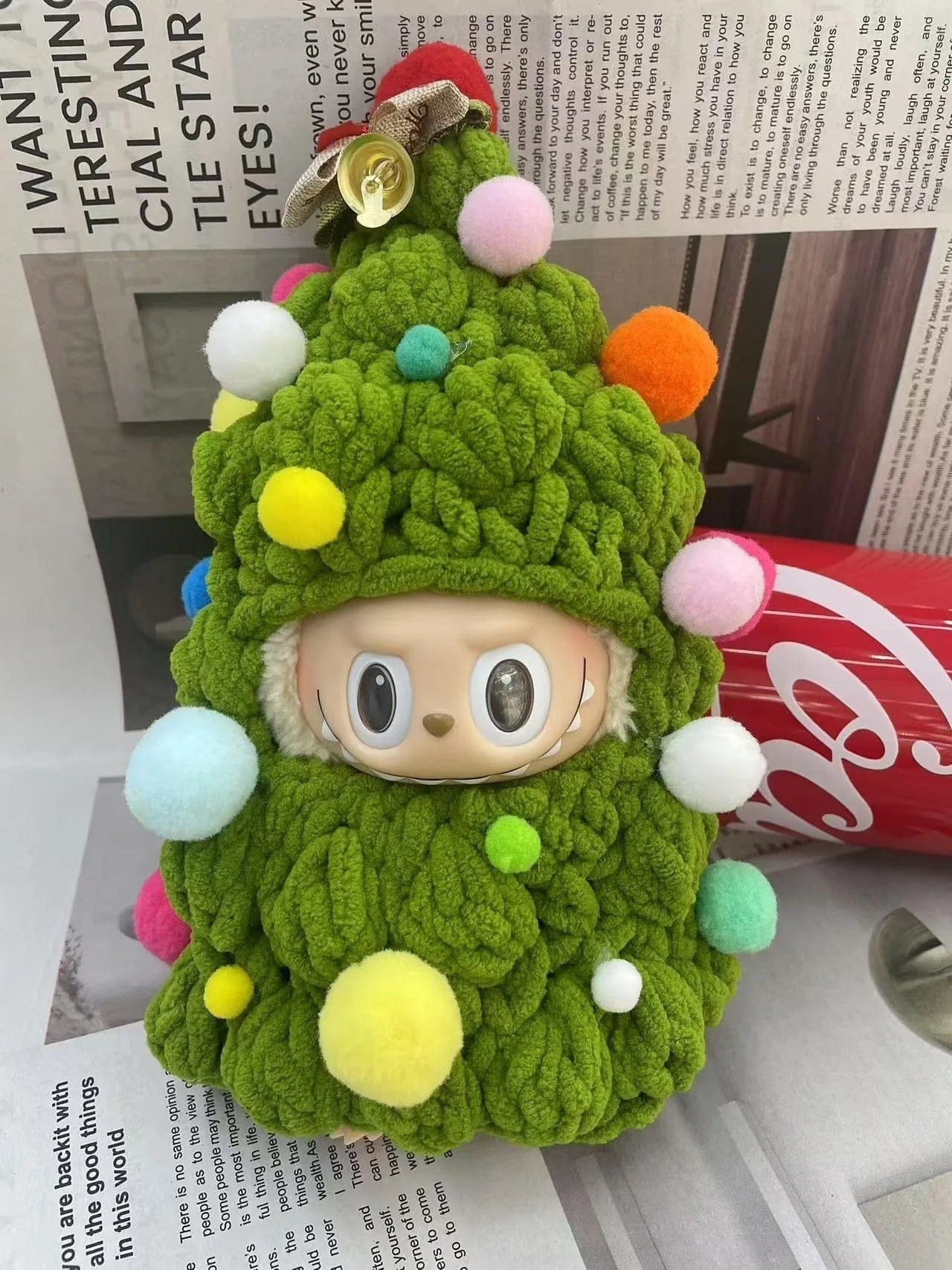 Handmade Crochet Labubu Christmas Tree Outfit – Pink & Green Knitted Clothes for 17 cm Doll