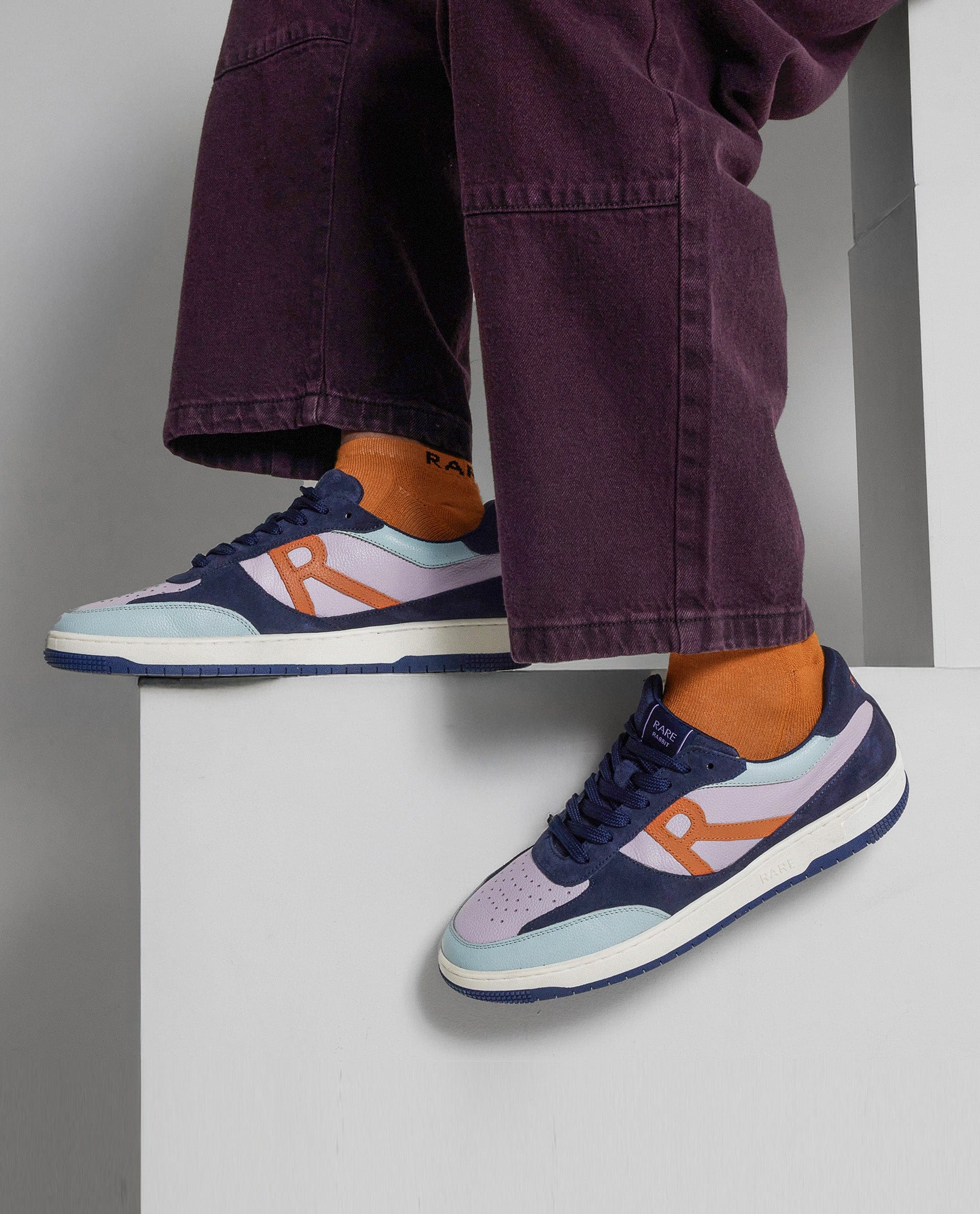 RAREZ Rare Rabbit Men's Parallax Purple / Navy Genuine Suede Colorblock Low - Top Lace - Up Sneaker Shoes