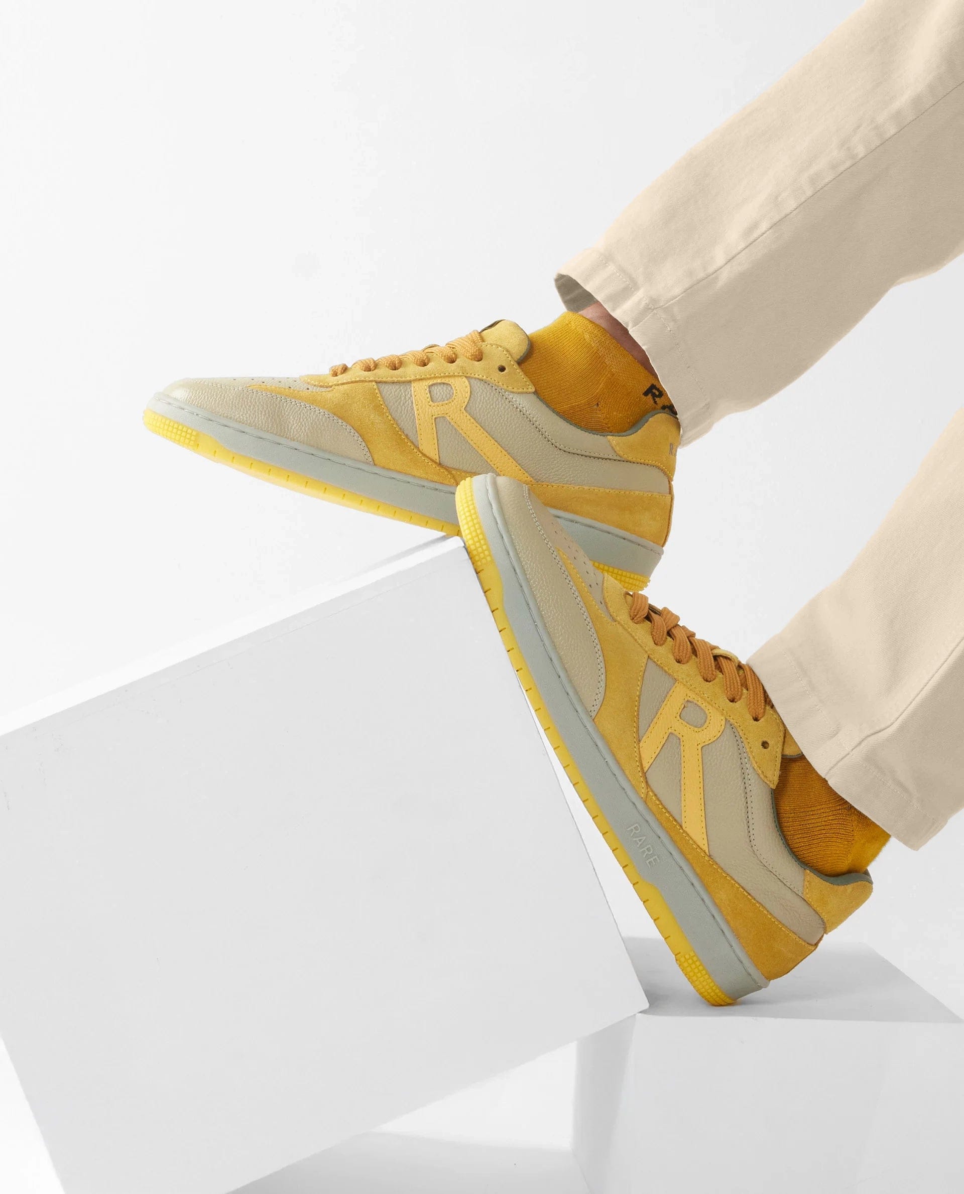 RAREZ Rare Rabbit Men's Parallax Sage/Yellow Genuine Suede Colorblock Low - Top Lace - Up Sneaker Shoes