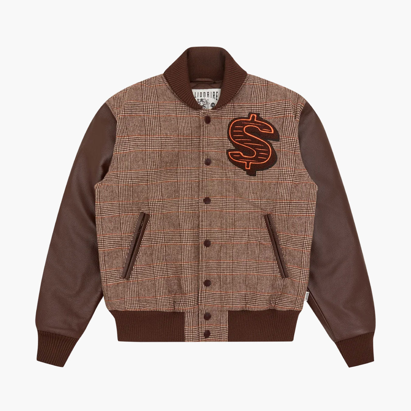 Billionaire Boys Club Leather Sleeve Varsity Jacket Brown Check