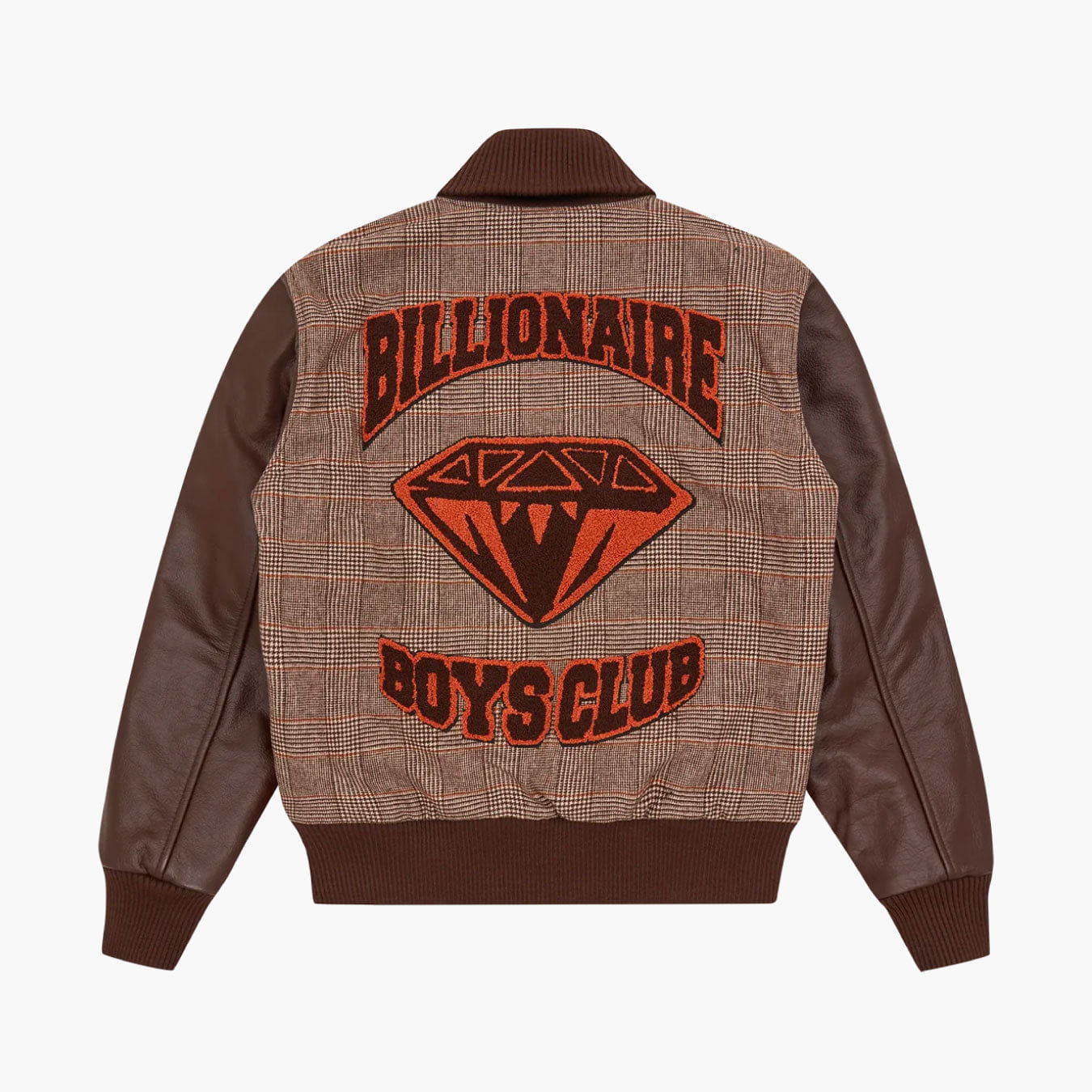 Billionaire Boys Club Leather Sleeve Varsity Jacket Brown Check