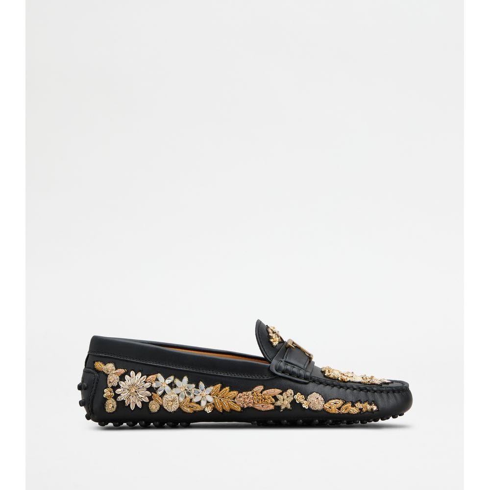 Tod's Tods T Timeless Gommino Driving Shoes In Leather Black Gold Womens