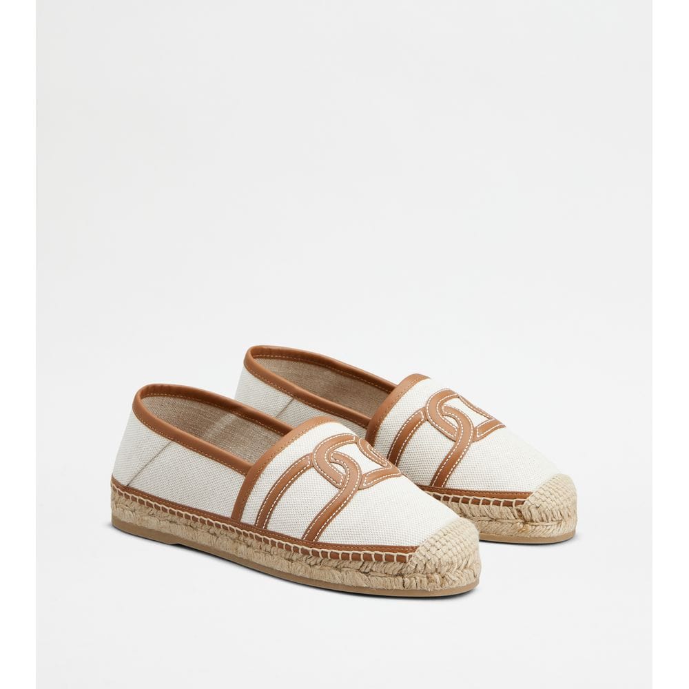 Tod's Tods Kate Espadrilles In Canvas And Leather Off White Brown Womens