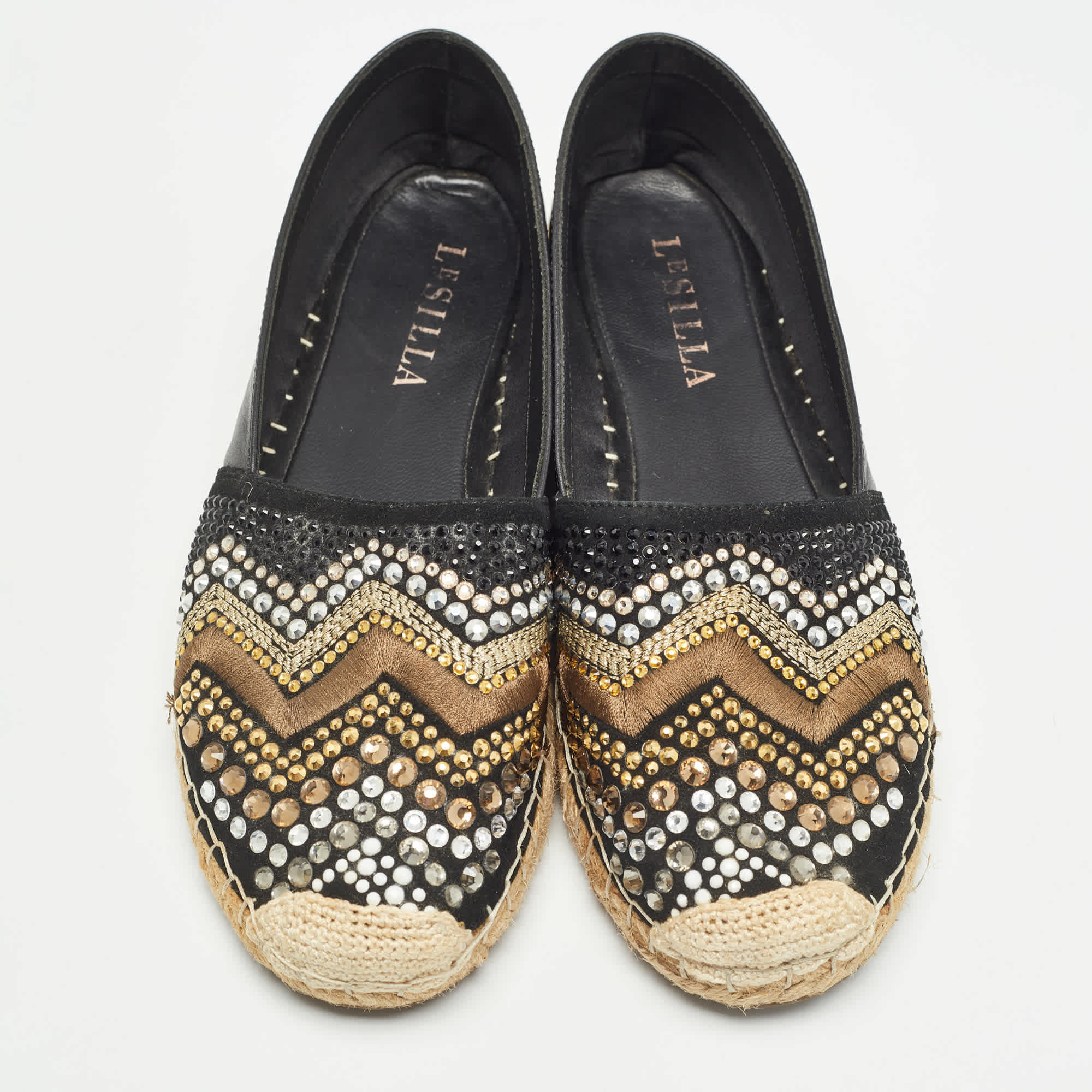 Le Silla Black Leather And Embellished Suede Espadrille Flats