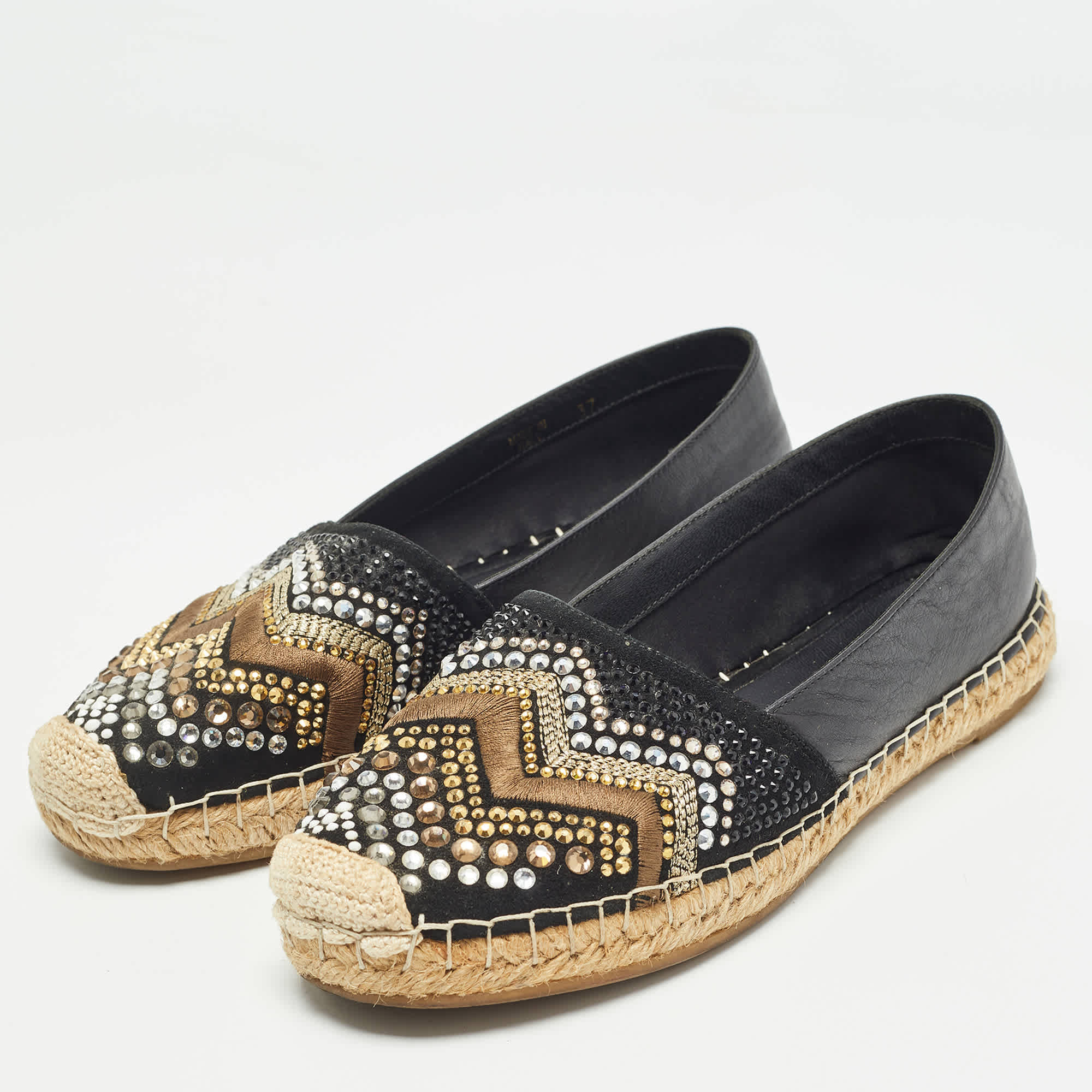 Le Silla Black Leather And Embellished Suede Espadrille Flats