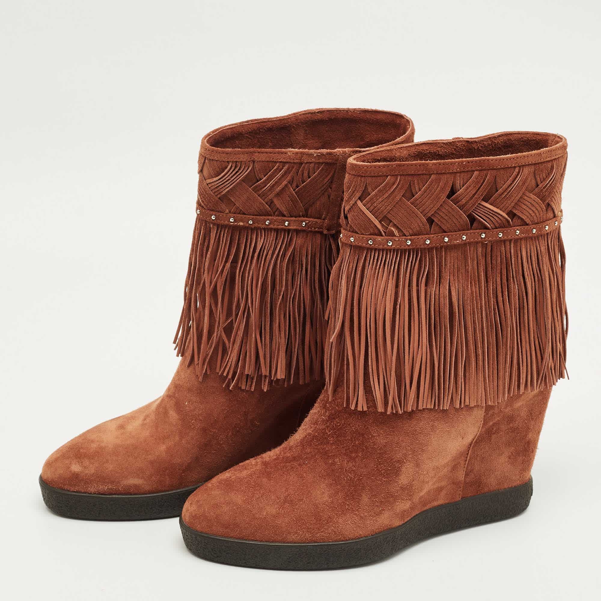 Le Silla Brown Suede Fringe Wedge Ankle Length Boots