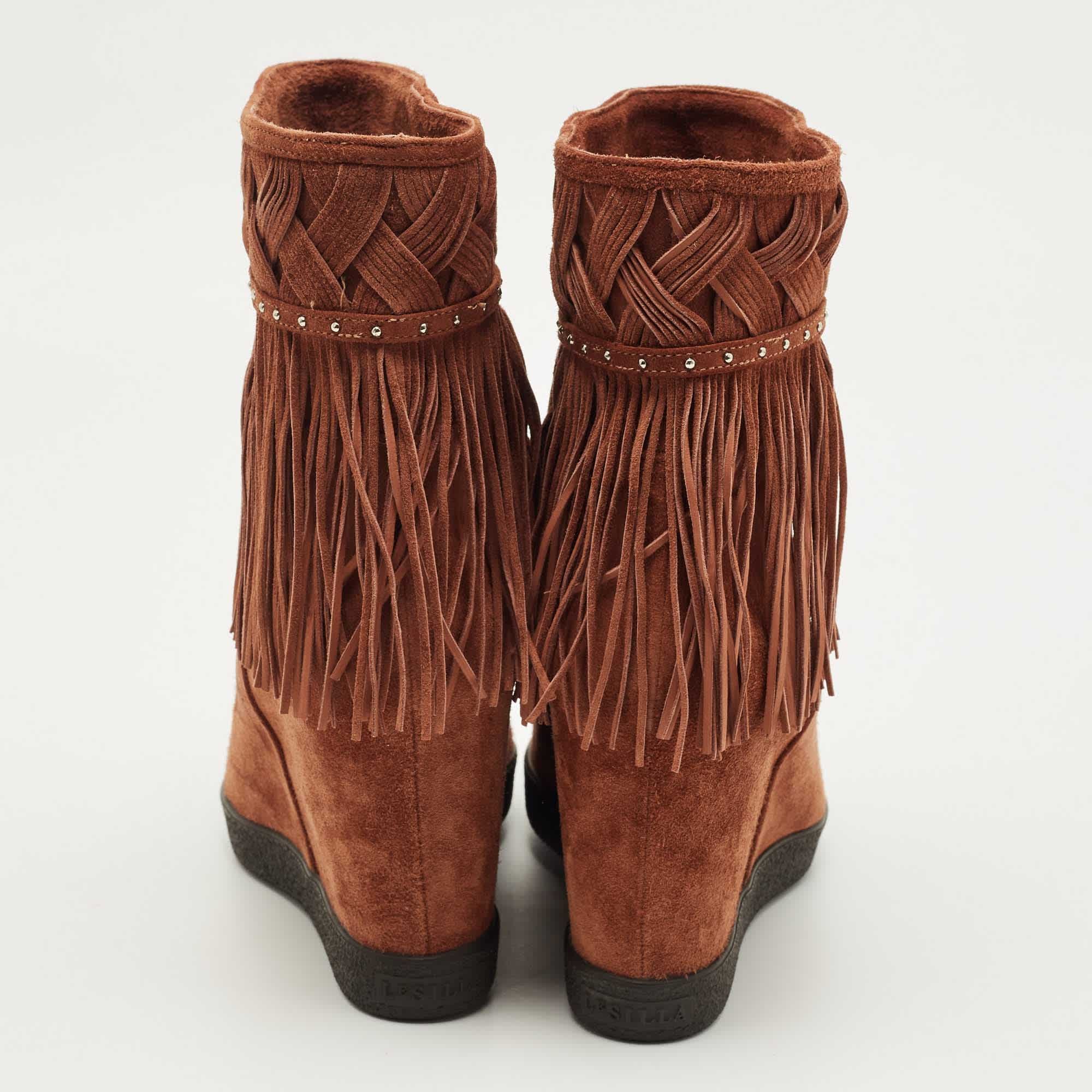 Le Silla Brown Suede Fringe Wedge Ankle Length Boots