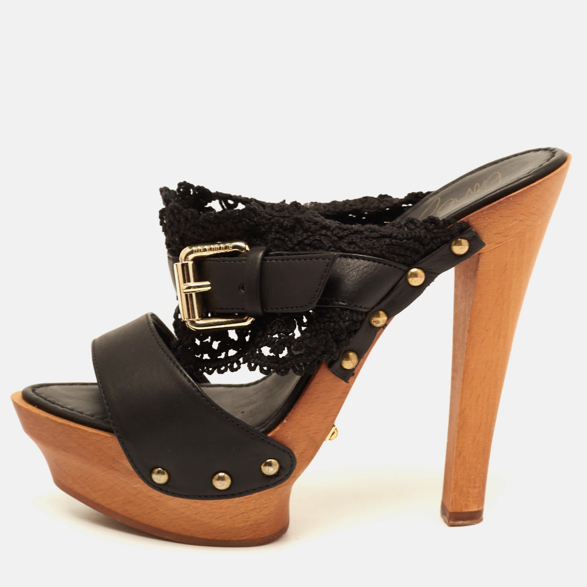 Le Silla Black Leather And Lace Wooden Platform Slide Sandals