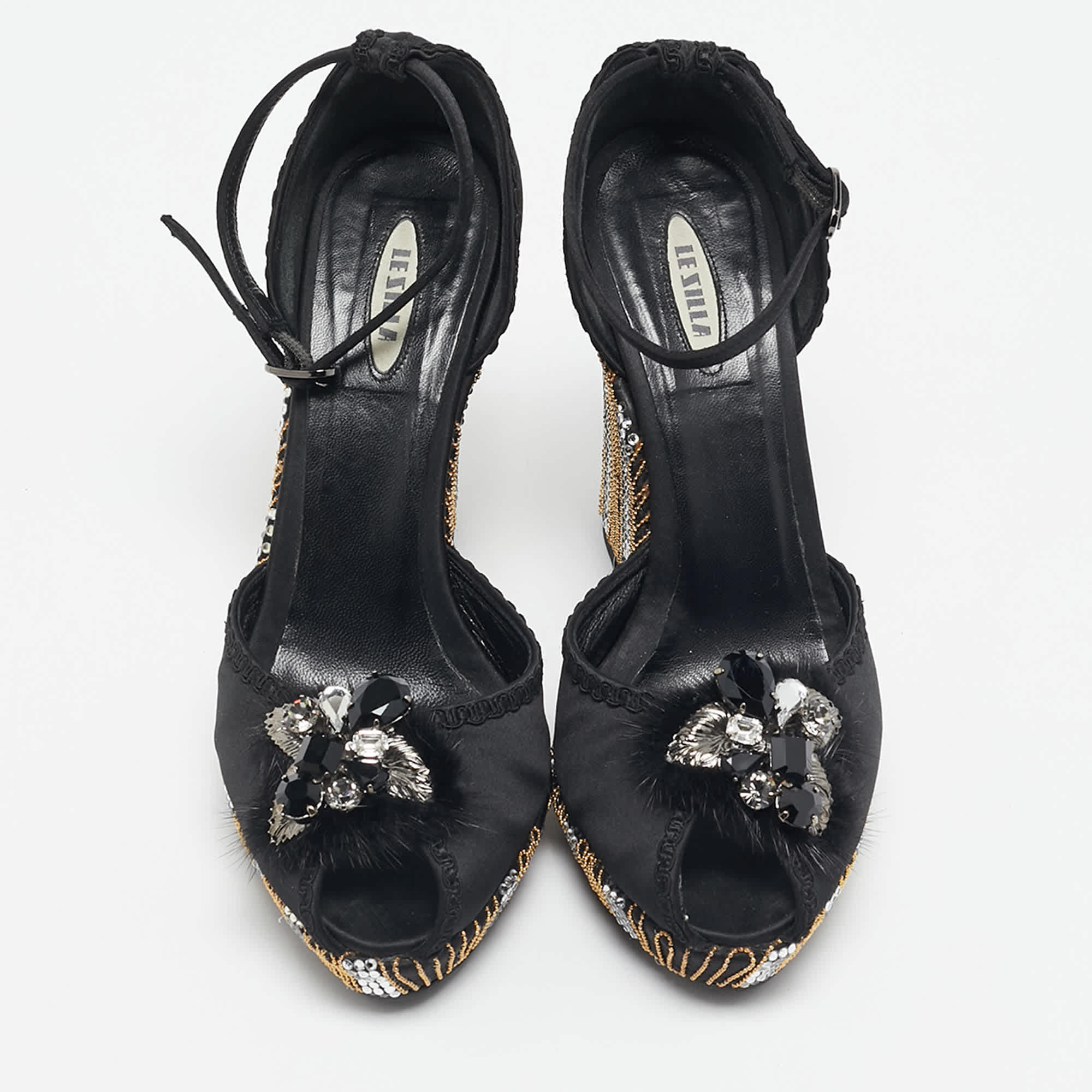 Le Silla Black Satin Embellished Ankle Strap Sandals