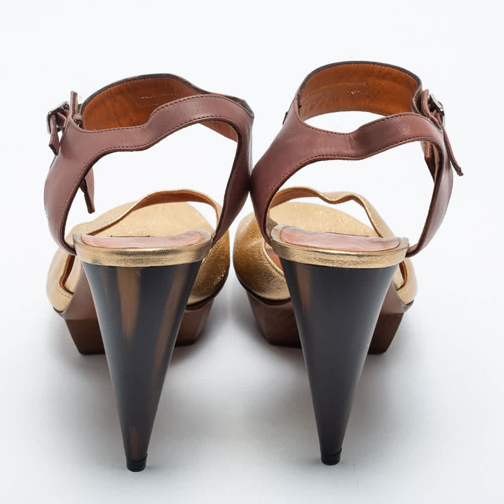 Lanvin Gold/brown Leather Ankle Strap Sandals