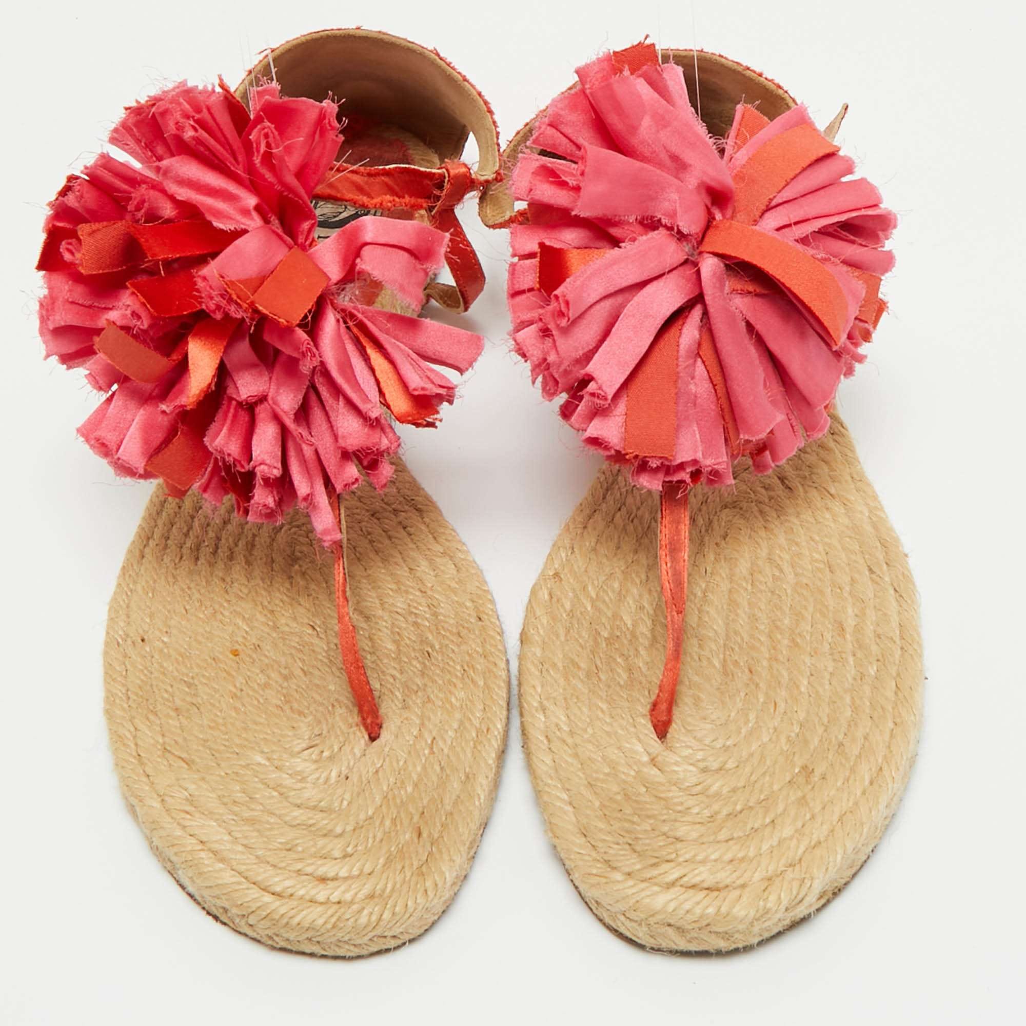Lanvin Pink Satin Flower Bow Thong Espadrille Flat Sandals